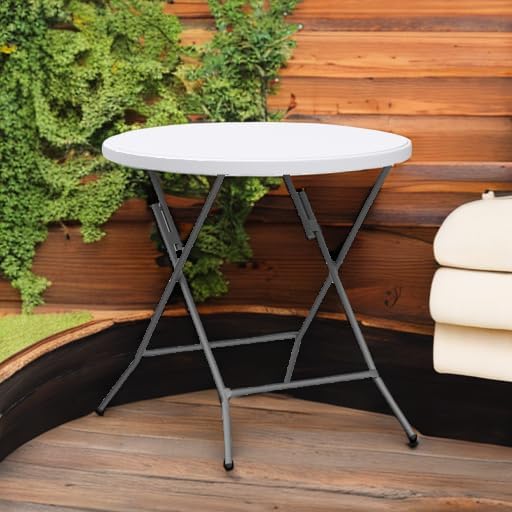 VINGLI 32" Round Folding Commercial Banquet Table, Portable Plastic Coffee Card Dining Table for Kitchen or Outdoor Party Wedding Event, 1 Pack, White