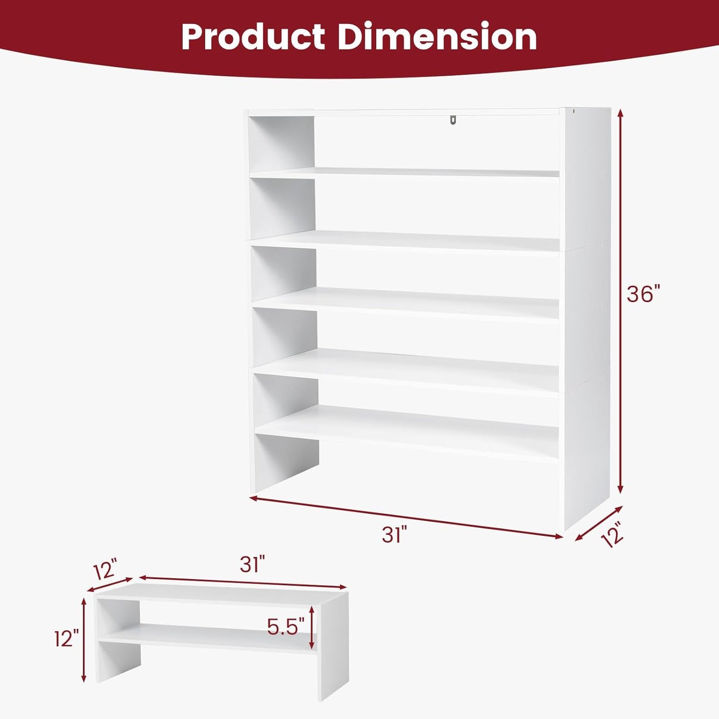 Tangkula Stackble Vertical Shoe Rack, Space Saving 6-Tier Corner Shoe Storage Shelf for 18 Pairs, 3-in-1 Adjustable White Shoe Organizer for Front Door Entryway