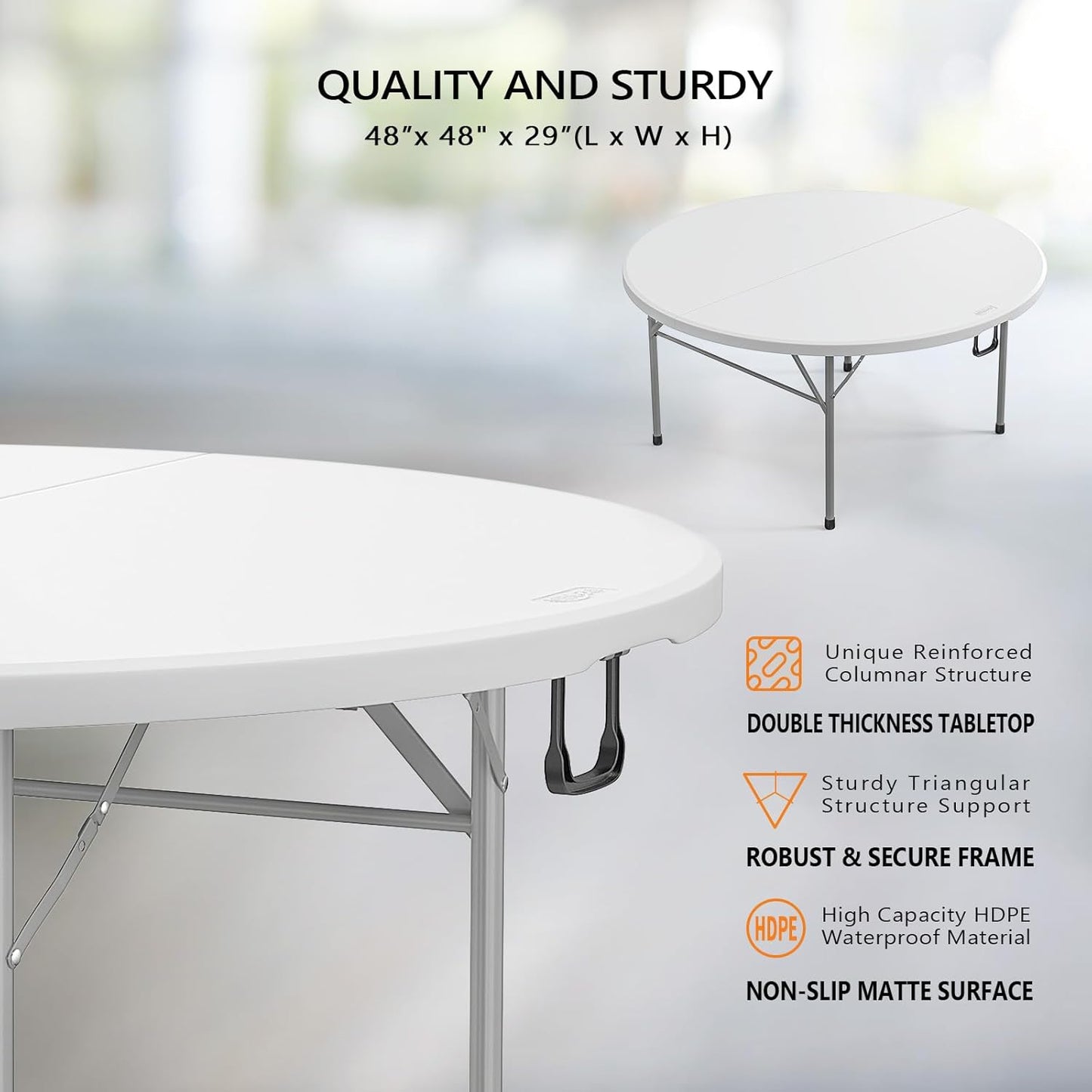 VINGLI 48" Round Bi-Folding Commercial Table, 4 Feet Portable Plastic Dining Card Table for Kitchen or Outdoor Party Wedding Event, 1-Pack