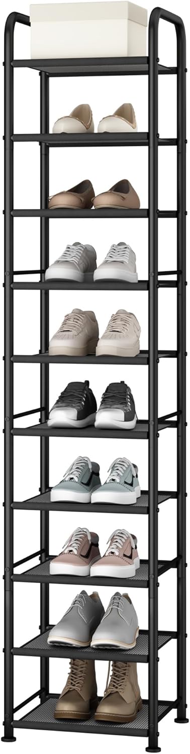 STO STO 10-Tier Shoe Rack with Sturdy Mesh Shelves, Tall Metal Shoe Organizer for Entryway, Closet, Garage, Front Door, Holds 30 Pairs, Free Standing Large Shoe Storage Shelf, Adjustable Feet, Black