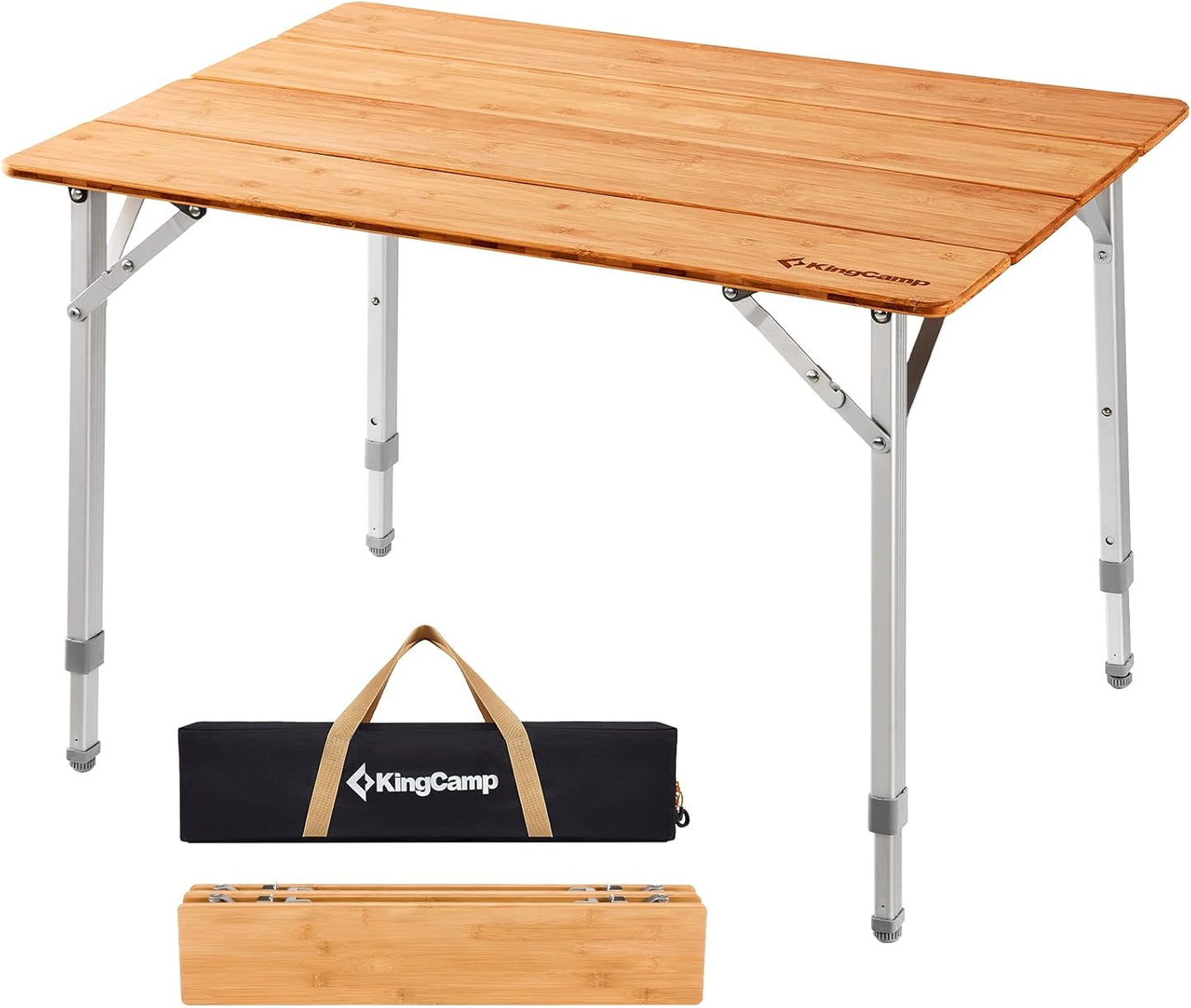 KingCamp Bamboo Adjustable, Anti-UV Portable Folding Table, Picnic, Camping, Three Heights,2-6 People, 23.6x15.7x10.6/15.7in, Yellow_23.6"x15.7", 2 Person