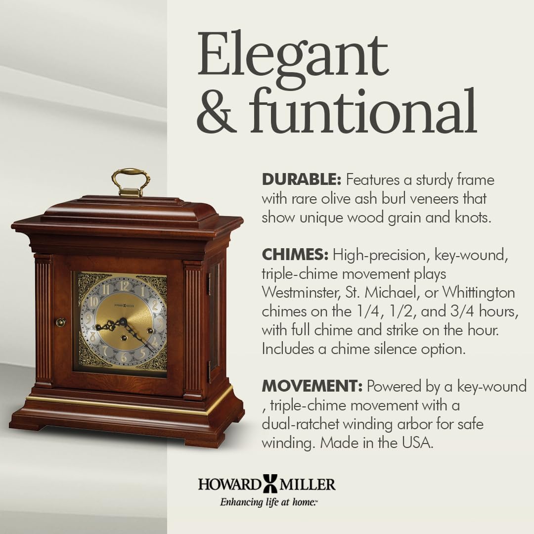 Howard Miller Thomas Tompion Mantel Clock – Classic Key Wound Mantel Clock with Triple Chime, Wooden Finish, Brass Dial, English Inspired Design & Dual Ratchet Winding Arbor Quality Home Decor