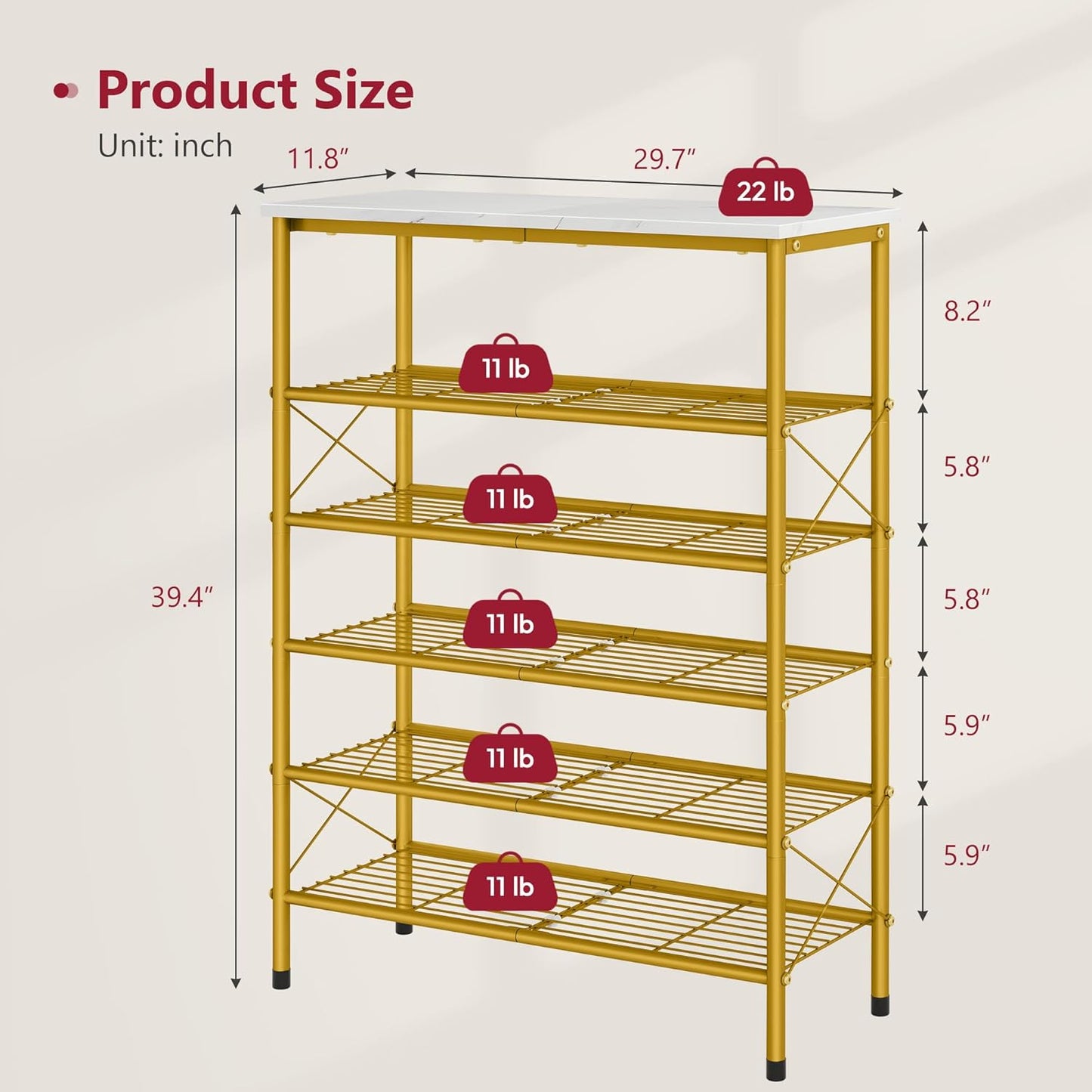 Tajsoon 6 Tier Shoe Rack Organizer for 20-24 Pairs of Shoes, Metal Mesh Shoe Shelf for Closet, Industrial Shoe Rack for Entryway Shoe Storage with X Shape Fixed Frame, White & Gold