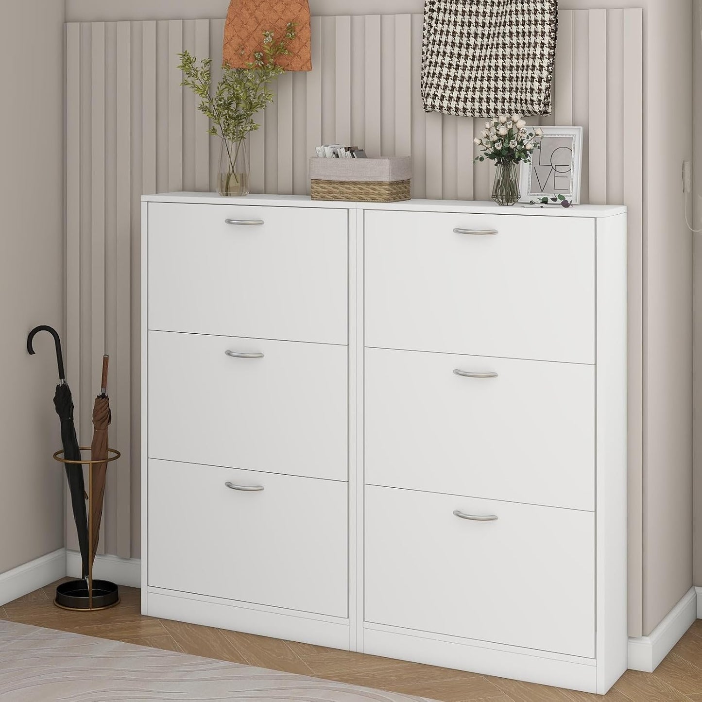 Shoe Cabinet with 3 Flip Drawers, Narrow Shoe Cabinet with 9 Hooks Coat Rack, Freestanding Shoes Storage Cabinets with Adjustable Shelves for Entryway, Hallway, Living Room, White