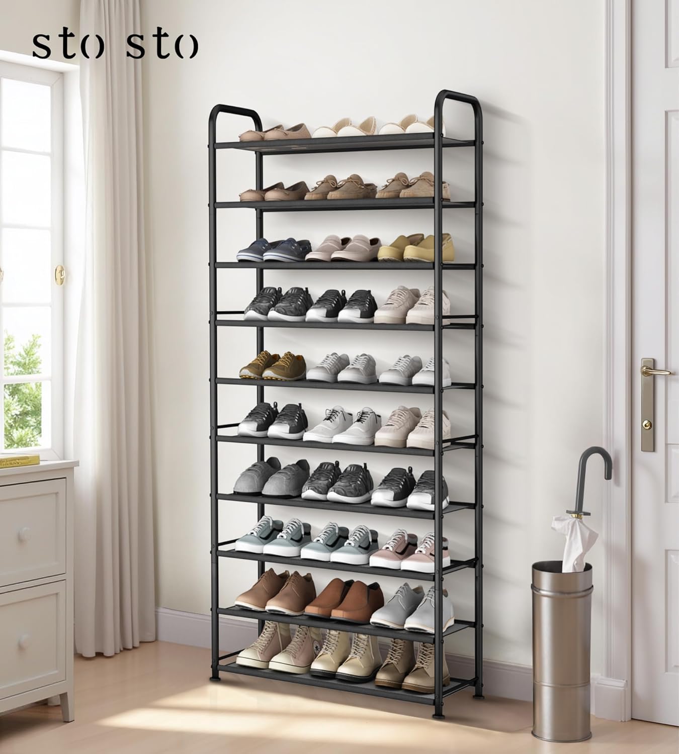 STO STO 10-Tier Shoe Rack with Sturdy Mesh Shelves, Tall Metal Shoe Organizer for Entryway, Closet, Garage, Front Door, Holds 30 Pairs, Free Standing Large Shoe Storage Shelf, Adjustable Feet, Black