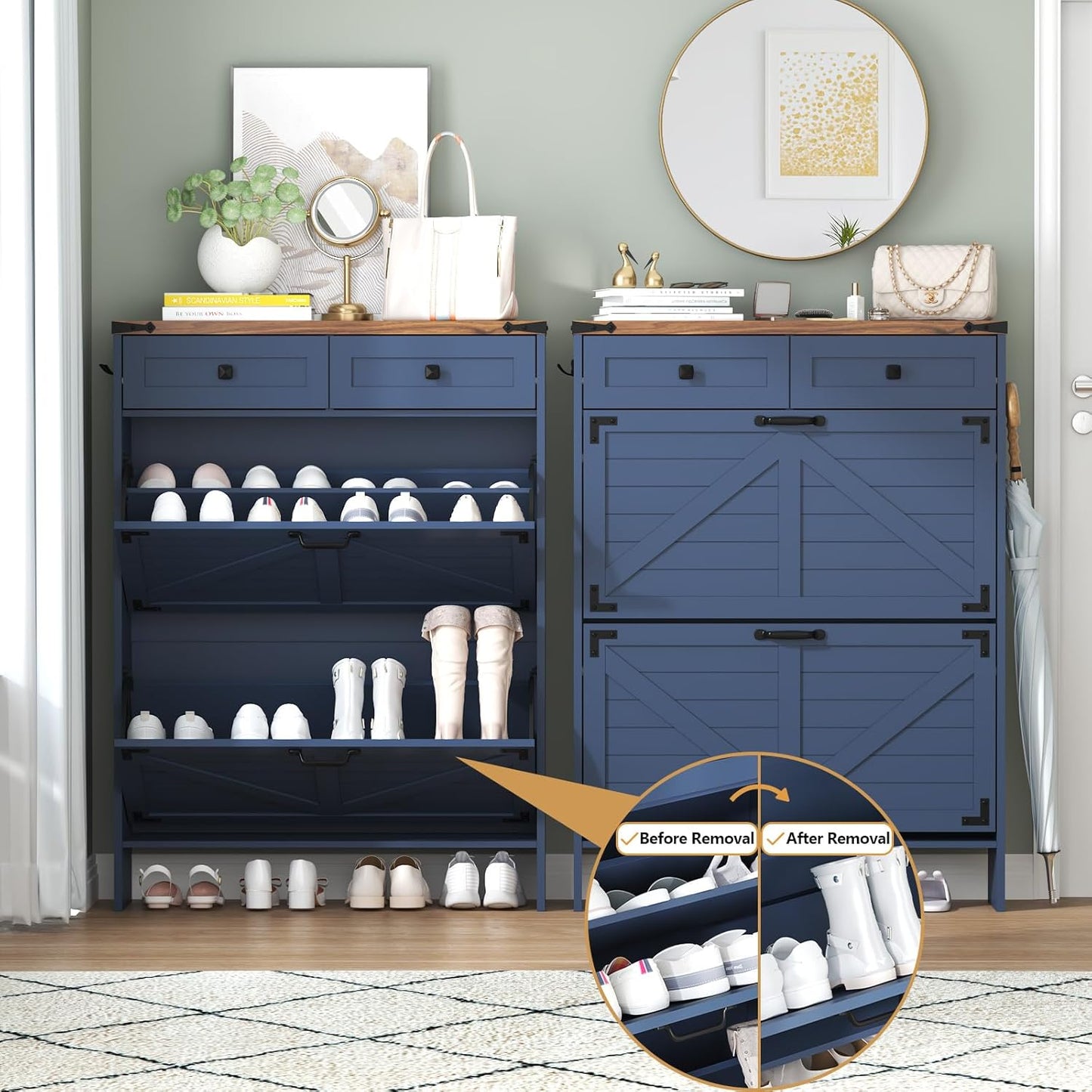Shoe Cabinet with 2 Flip Drawers and Deodorizing Function, Hidden Shoe Storage Cabinet with 2 Pull-out Drawers, Farmhouse Shoe Organizer for Entryway, Narrow Shoe Rack for Front Door Entrance, Blue