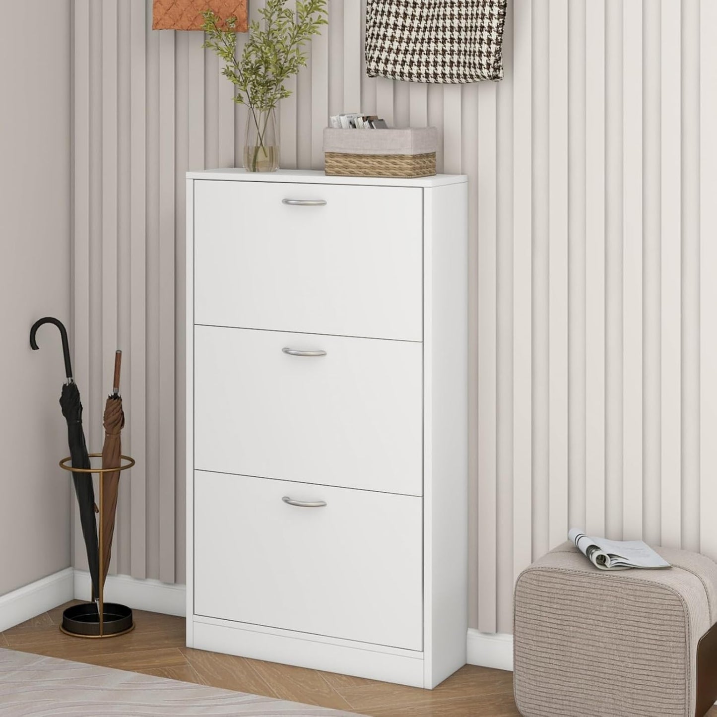 Shoe Cabinet with 3 Flip Drawers, Narrow Shoe Cabinet with 9 Hooks Coat Rack, Freestanding Shoes Storage Cabinets with Adjustable Shelves for Entryway, Hallway, Living Room, White