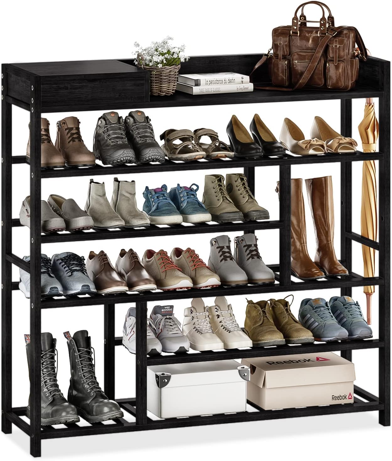 Bamworld Shoe Rack for Front Door Entrance Bamboo Shoe Organizer with Storage Box Free Standing Shoe Cabinet Wooden Shoe Storage Shelf for entryway, Closet and Doorway (Dark Brown)