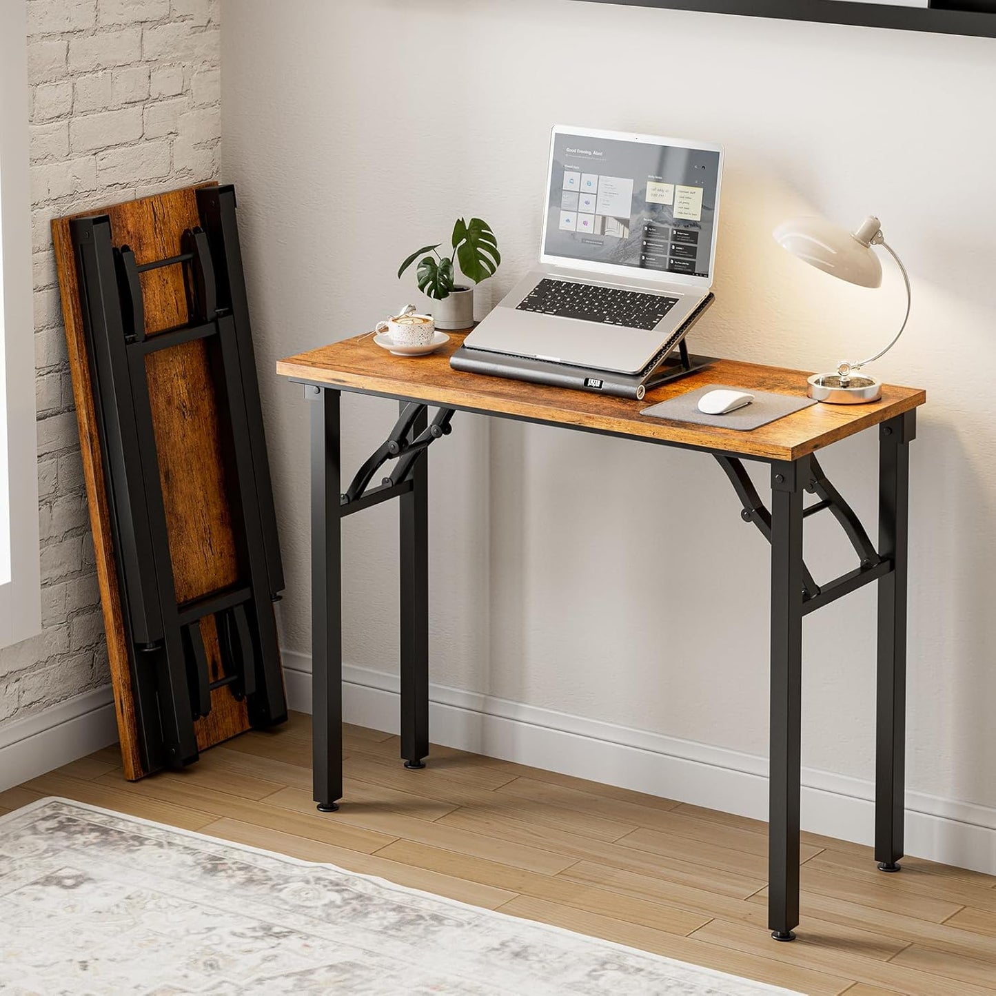 Frylr Small Folding Computer Desk – Portable 35.8 Inch Foldable Laptop Table, Collapsible and Compact for Easy Storage and Fast Setup, Lightweight for Small Spaces, Craft and Study Use, Dark Walnut