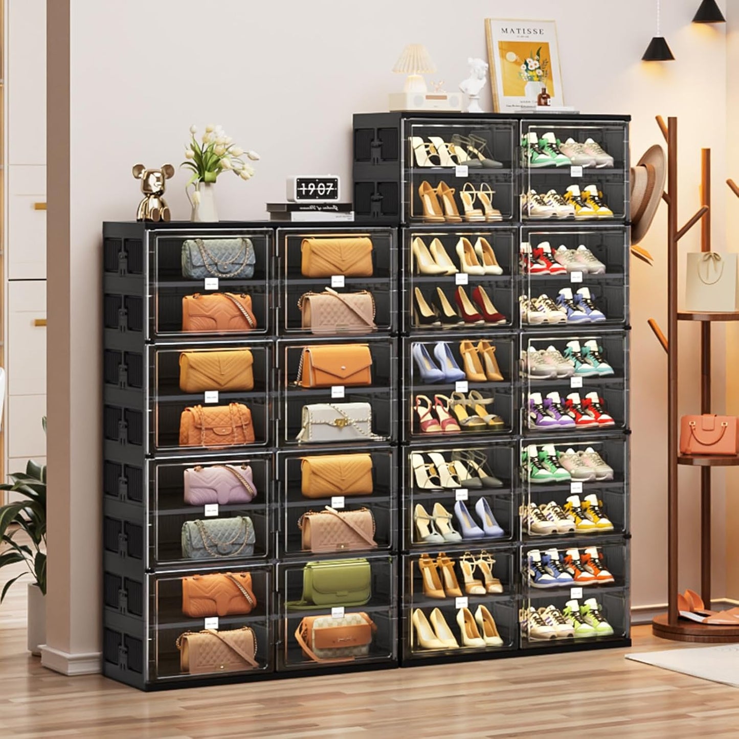 JEKO&JEKO 6 Tiers Foldable Shoe Rack Organizer Cabinet for Closet Entryway, Large Collapsible Shoe Storage Box with Magnetic Doors (Black)