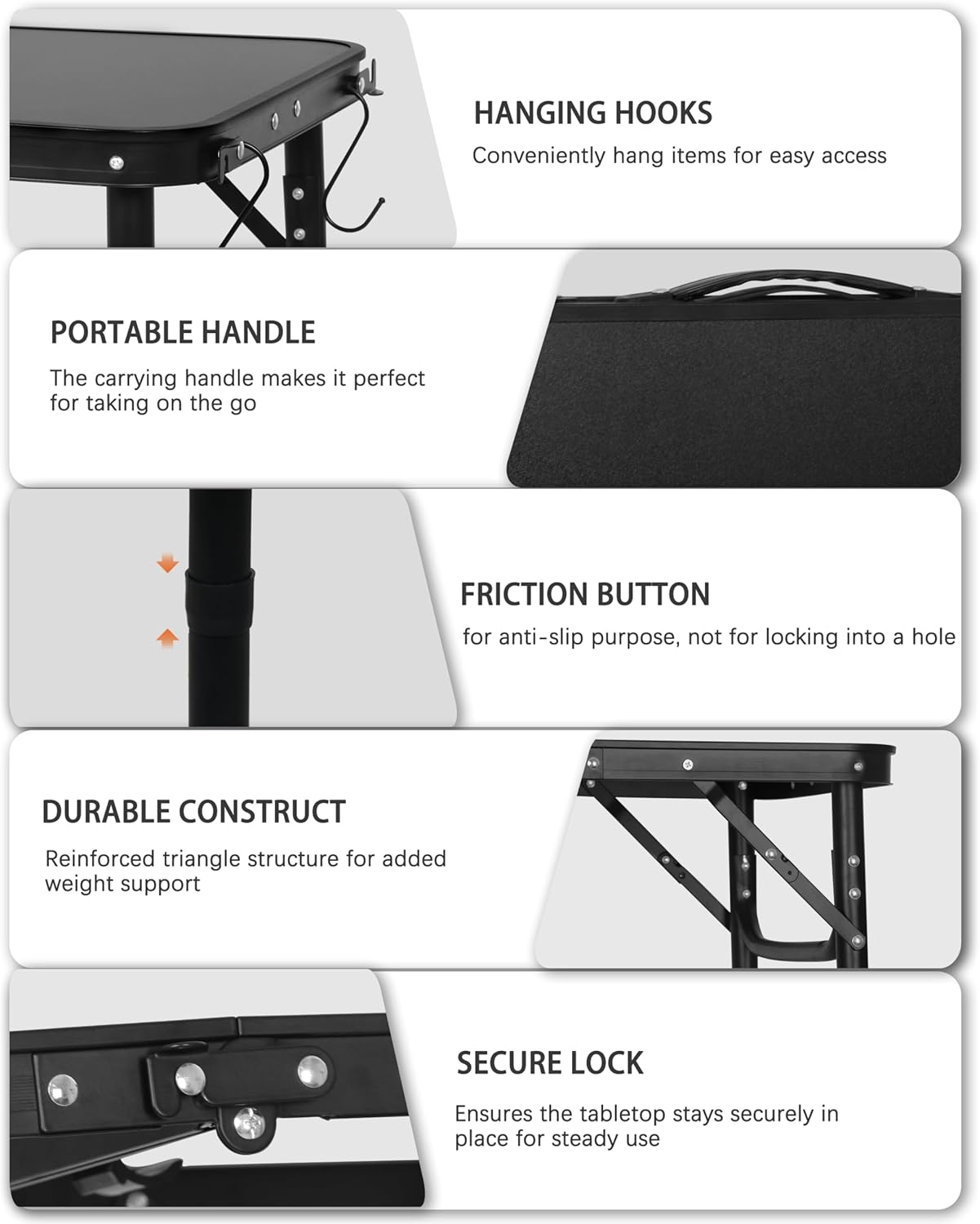LOFTEY 2024 Reinforced Small Folding Table Portable, Small Foldable Camping Table, Heavy-Duty Mini Folding | Adjustable Height | Lightweight Premium Aluminum with Handle | Black 25"x16"x22"