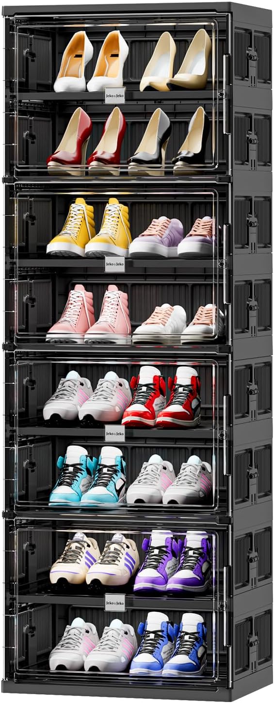JEKO&JEKO 6 Tiers Foldable Shoe Rack Organizer Cabinet for Closet Entryway, Large Collapsible Shoe Storage Box with Magnetic Doors (Black)