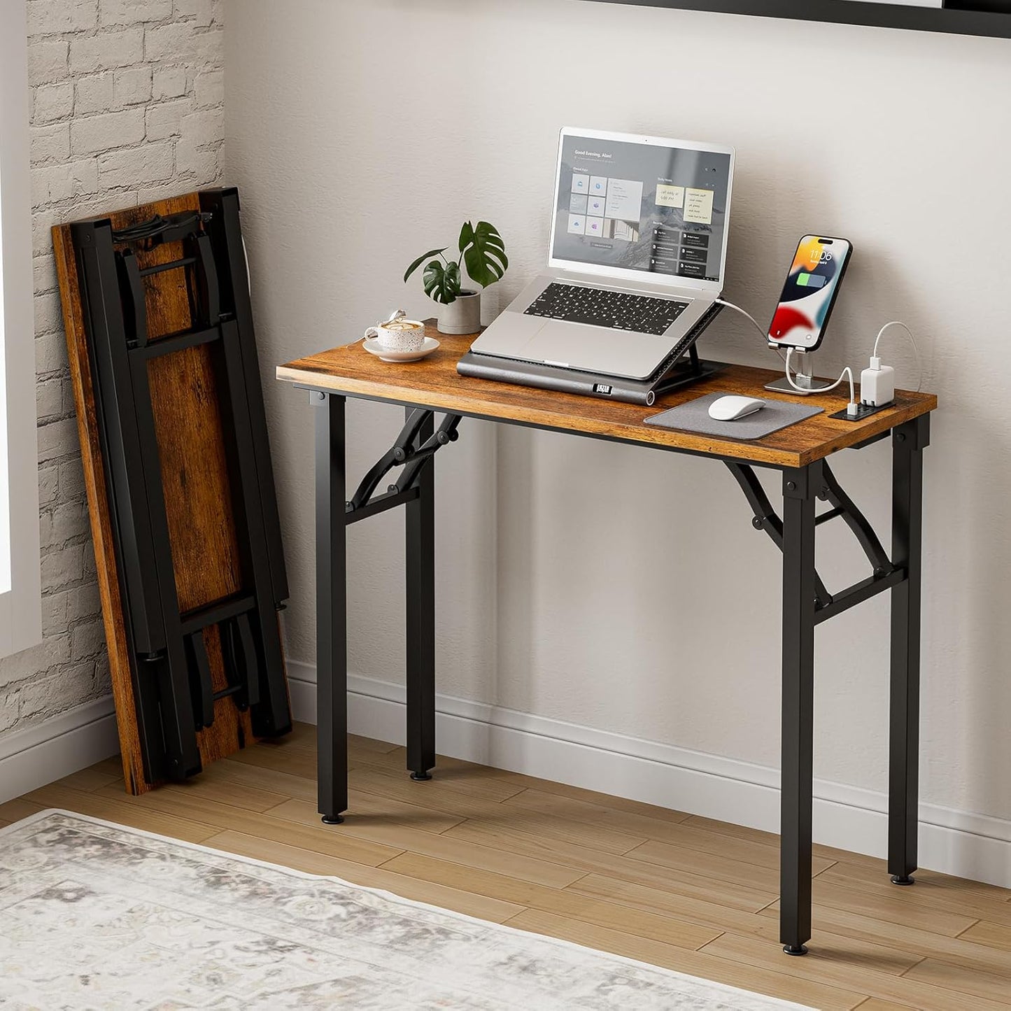 Frylr Small Folding Computer Desk – Portable 35.8 Inch Foldable Laptop Table, Collapsible and Compact for Easy Storage and Fast Setup, Lightweight for Small Spaces, Craft and Study Use, Dark Walnut