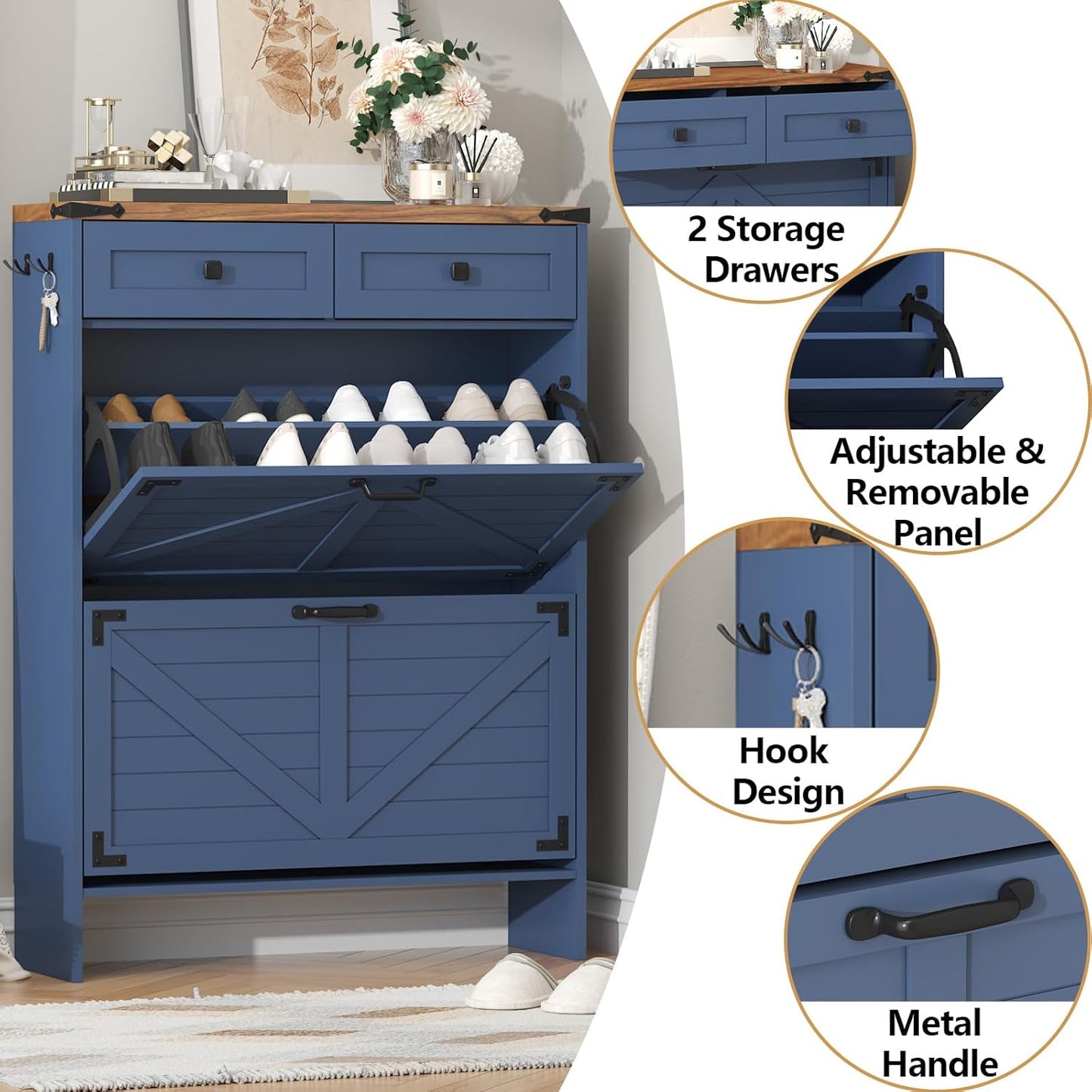 Shoe Cabinet with 2 Flip Drawers and Deodorizing Function, Hidden Shoe Storage Cabinet with 2 Pull-out Drawers, Farmhouse Shoe Organizer for Entryway, Narrow Shoe Rack for Front Door Entrance, Blue