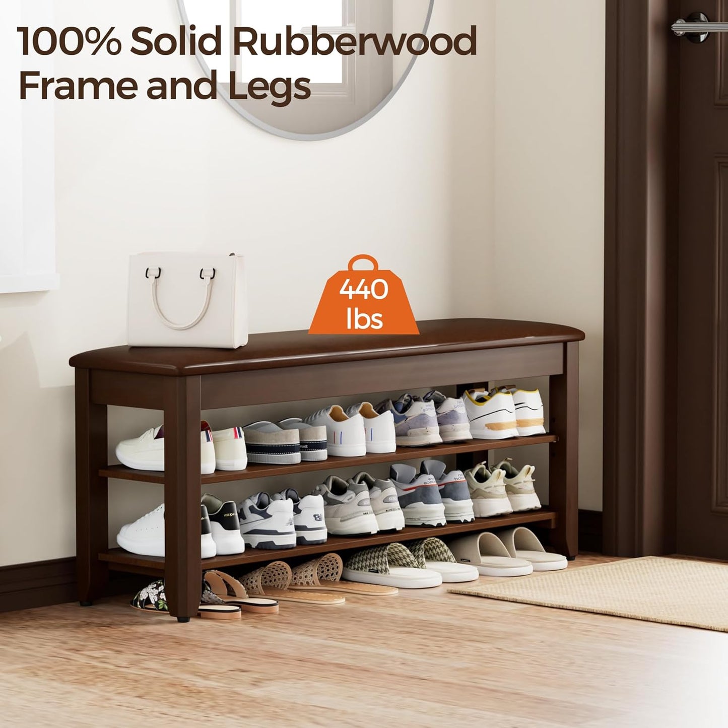 Shoe Rack Bench with Flip-Top Storage, Solid Wood Entryway Bench with Cushion, Adjustable Shelf, for Hallway, Mudroom, Closet – Walnut, 39.4"