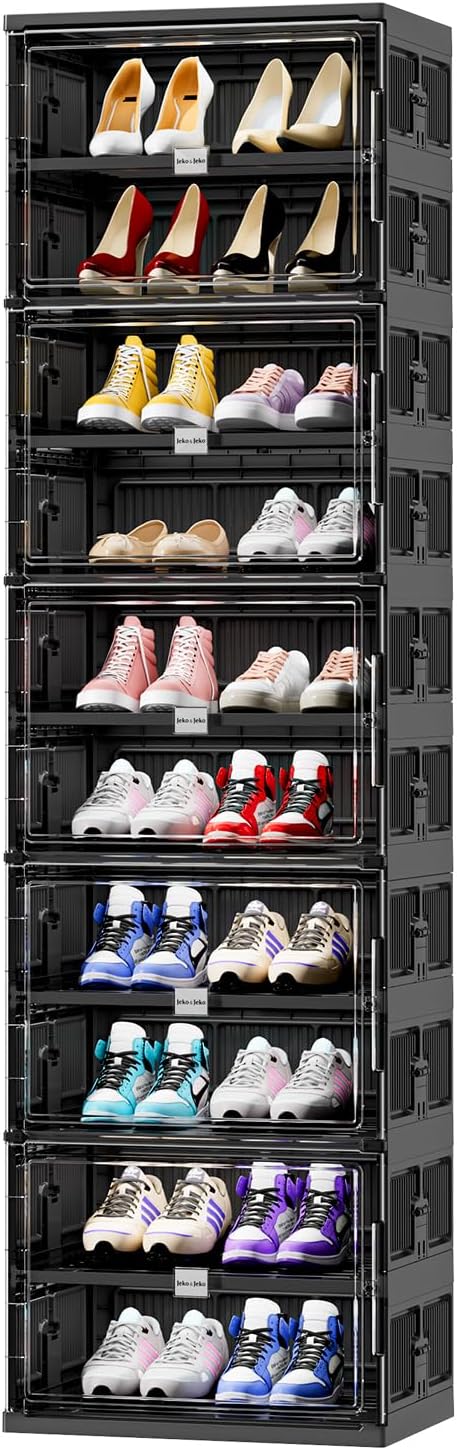 JEKO&JEKO 6 Tiers Foldable Shoe Rack Organizer Cabinet for Closet Entryway, Large Collapsible Shoe Storage Box with Magnetic Doors (Black)