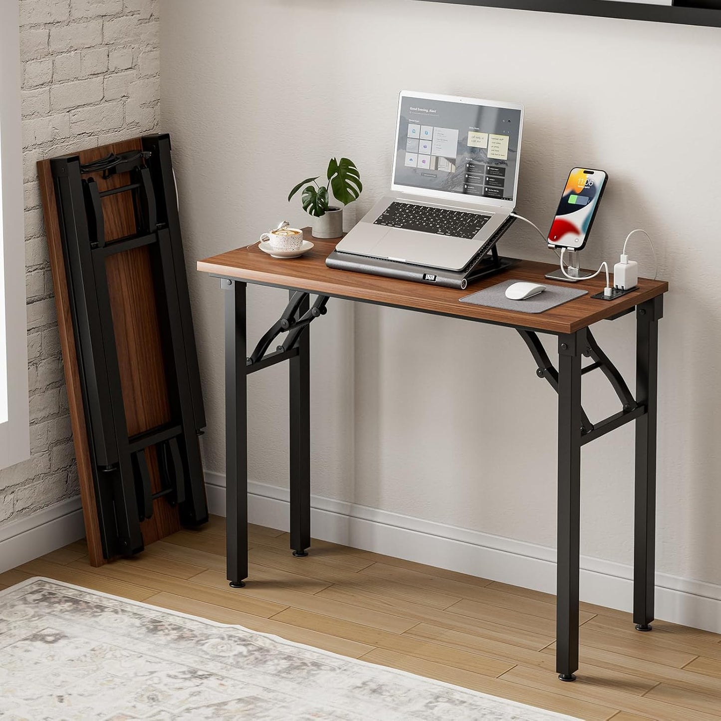 Frylr Small Folding Computer Desk – Portable 35.8 Inch Foldable Laptop Table, Collapsible and Compact for Easy Storage and Fast Setup, Lightweight for Small Spaces, Craft and Study Use, Dark Walnut