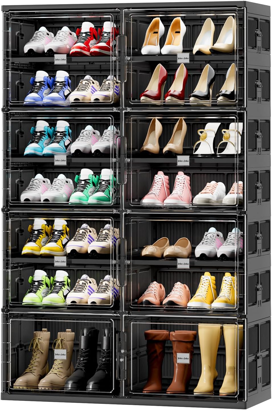 JEKO&JEKO 6 Tiers Foldable Shoe Rack Organizer Cabinet for Closet Entryway, Large Collapsible Shoe Storage Box with Magnetic Doors (Black)