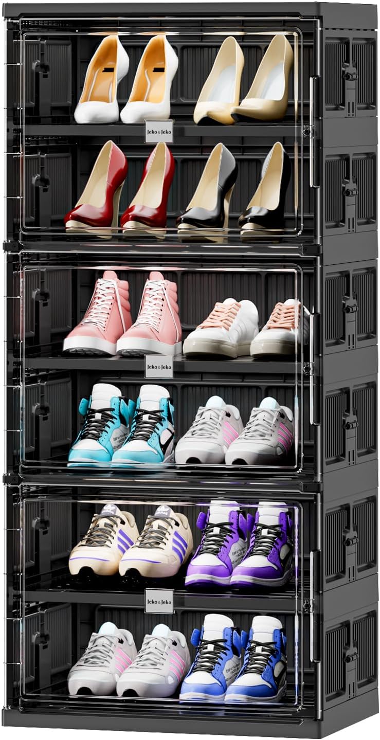 JEKO&JEKO 6 Tiers Foldable Shoe Rack Organizer Cabinet for Closet Entryway, Large Collapsible Shoe Storage Box with Magnetic Doors (Black)