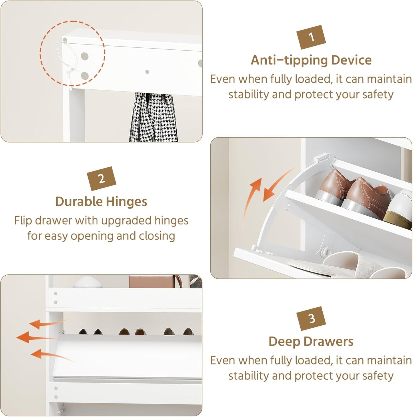 Shoe Cabinet with 3 Flip Drawers, Narrow Shoe Cabinet with 9 Hooks Coat Rack, Freestanding Shoes Storage Cabinets with Adjustable Shelves for Entryway, Hallway, Living Room, White