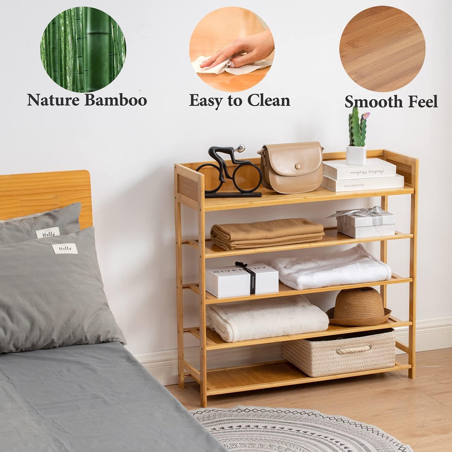Bamboo Shoe Rack Organizer, 5 Tier Shoe Shelf Storage Organizer, for Entryway, Hallway, and Closet (Nature)