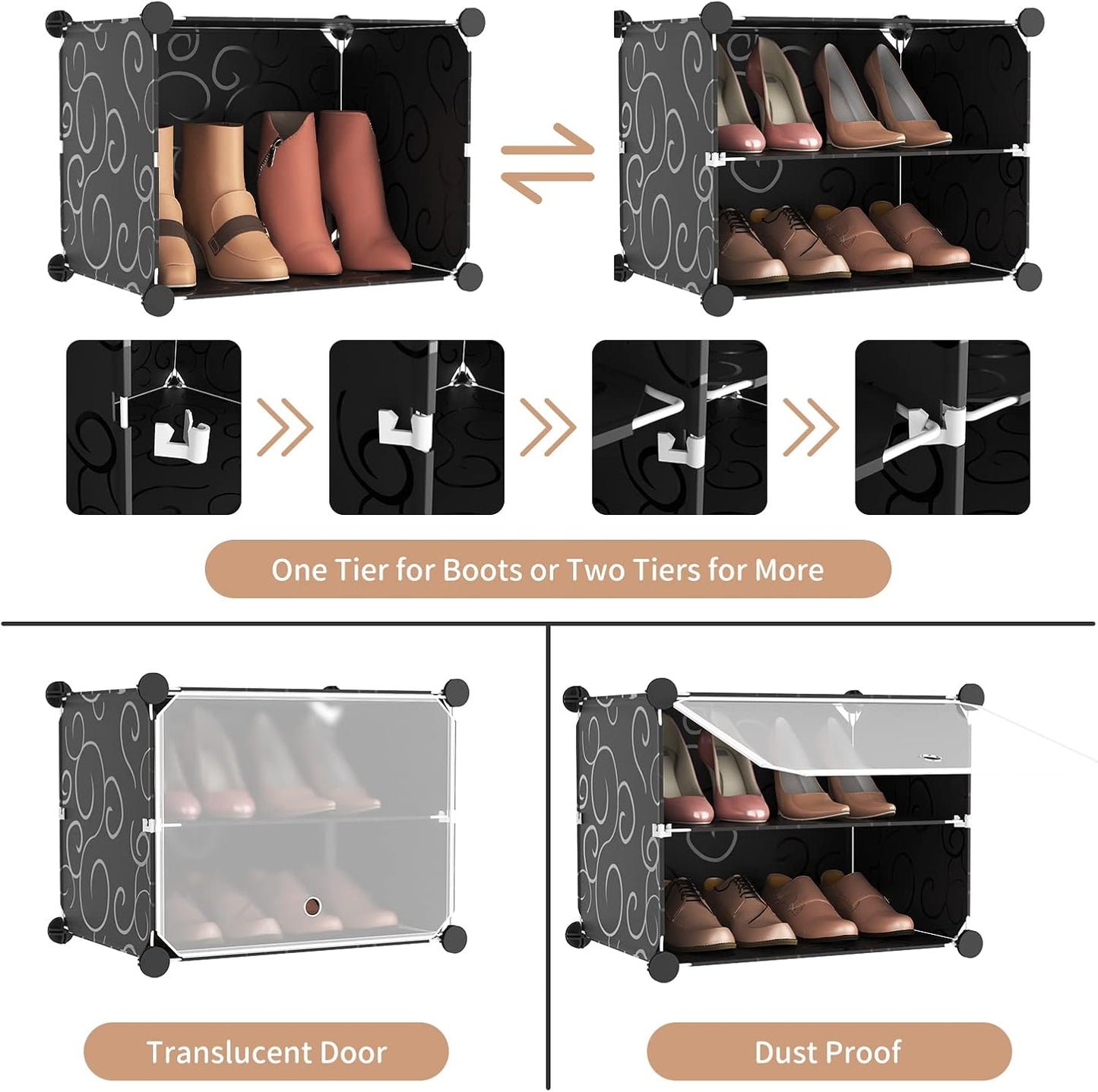 ROJASOP Portable 8-Tier Shoe Cabinet - 48-Pair Shoe Organizer with Expandable, Free Standing, Stackable Space Saving Design and 2 Exclusive Versatile Hooks for Bedroom