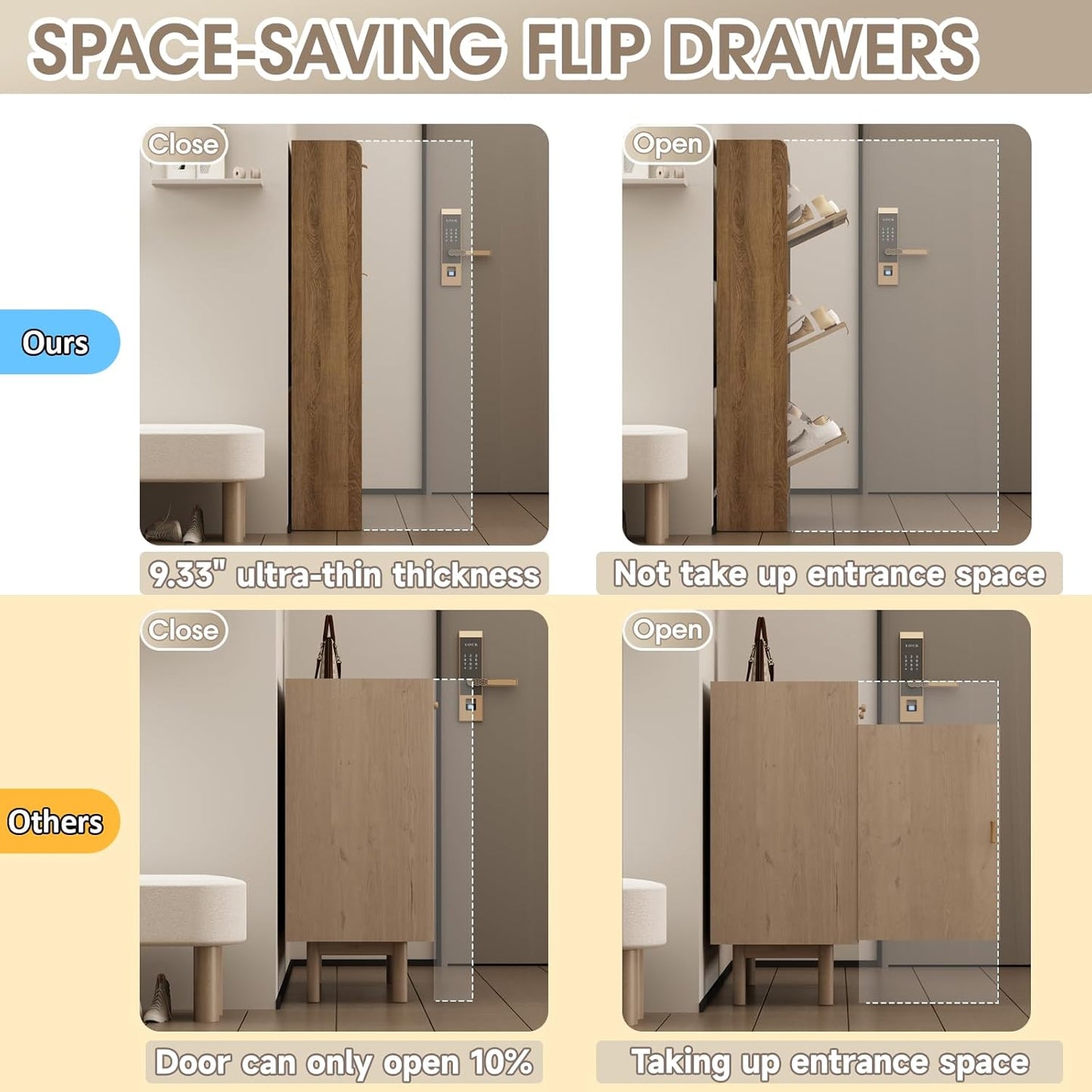 Rattan Shoe Storage Cabinet with 3 Flip Drawers & Chalkboard, Freestanding Organizer for Front Door Entrance, Hidden Narrow Shoe Rack Cabinet Storage for Entryway, Rustic Oak Rattan