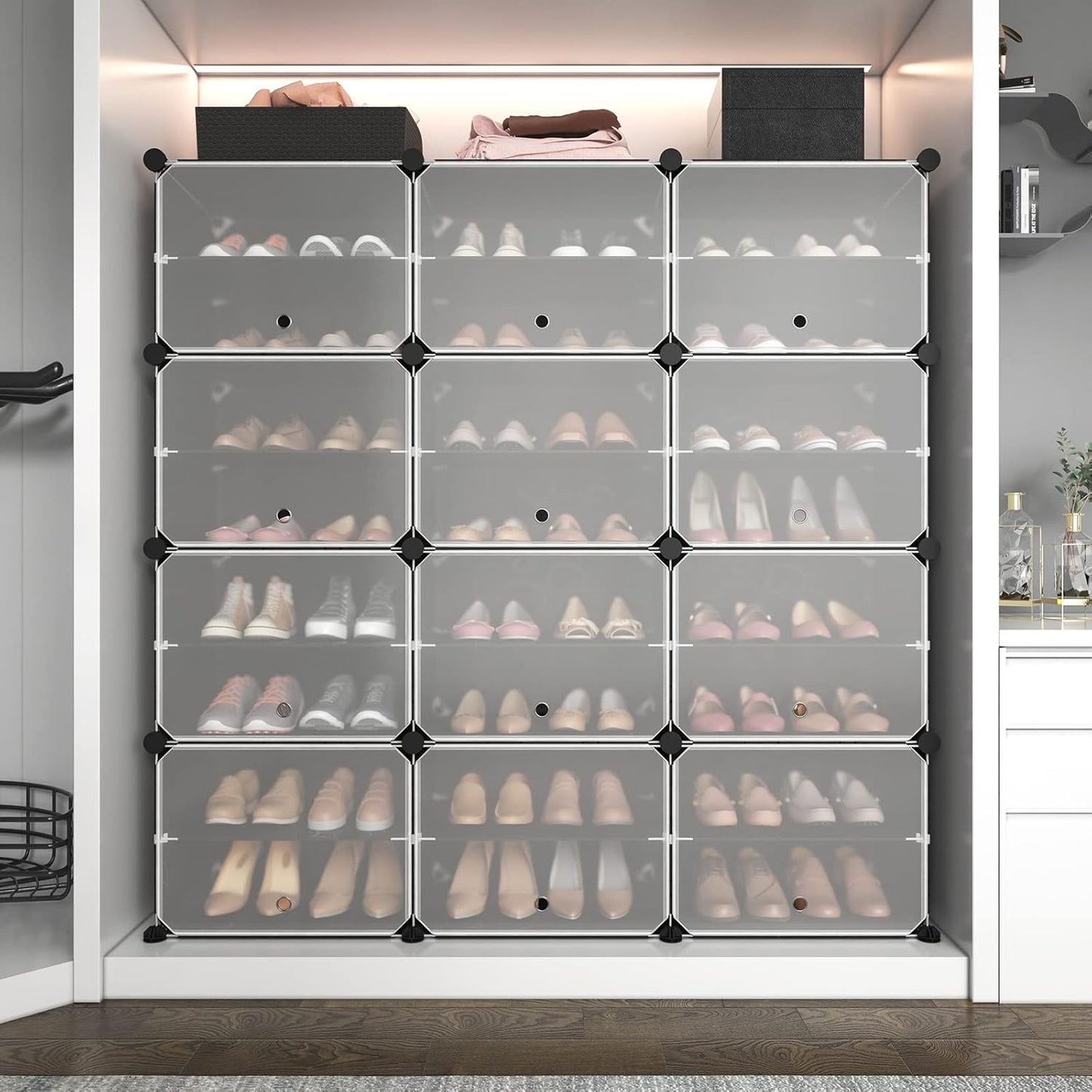 ROJASOP Portable 8-Tier Shoe Cabinet - 48-Pair Shoe Organizer with Expandable, Free Standing, Stackable Space Saving Design and 2 Exclusive Versatile Hooks for Bedroom