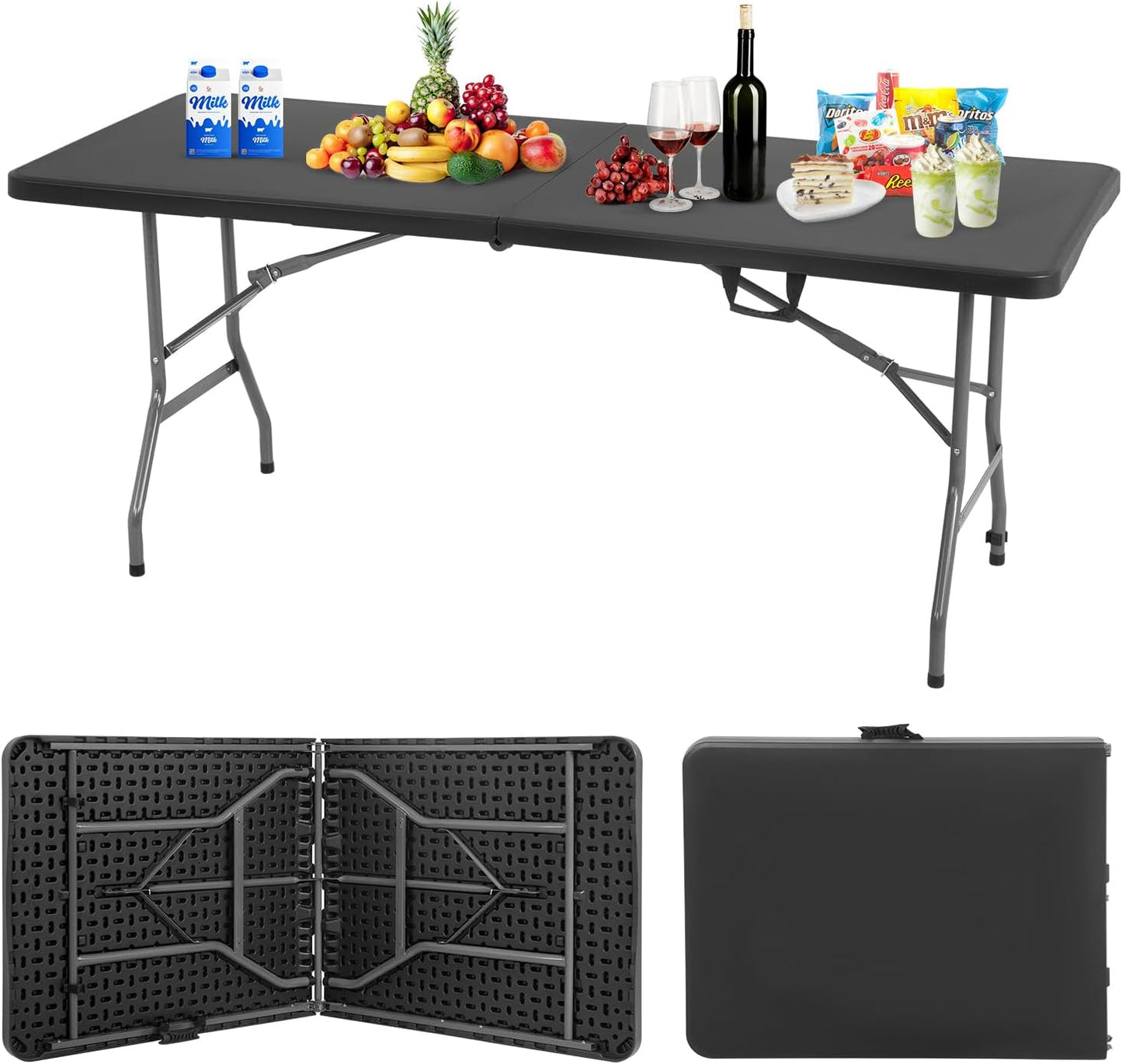 6FT Picnic Table Folding Table Camping Table Plastic Table Fold Up Table Lock for Party Event,White