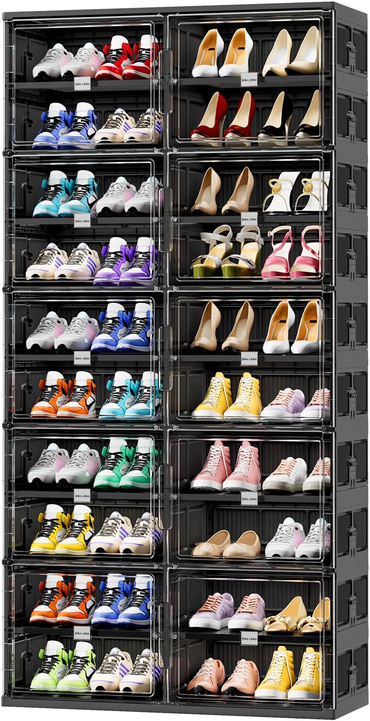 JEKO&JEKO 6 Tiers Foldable Shoe Rack Organizer Cabinet for Closet Entryway, Large Collapsible Shoe Storage Box with Magnetic Doors (Black)