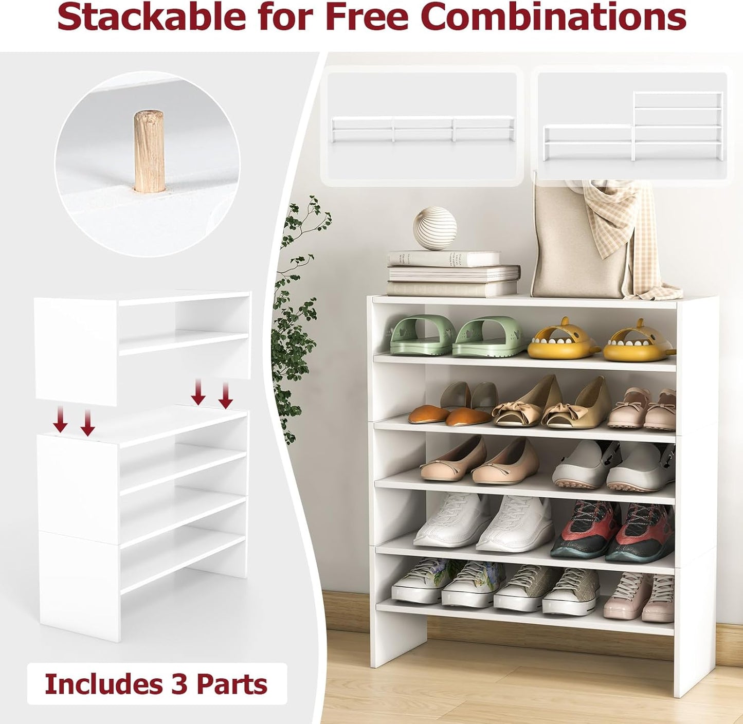 Tangkula Stackble Vertical Shoe Rack, Space Saving 6-Tier Corner Shoe Storage Shelf for 18 Pairs, 3-in-1 Adjustable White Shoe Organizer for Front Door Entryway
