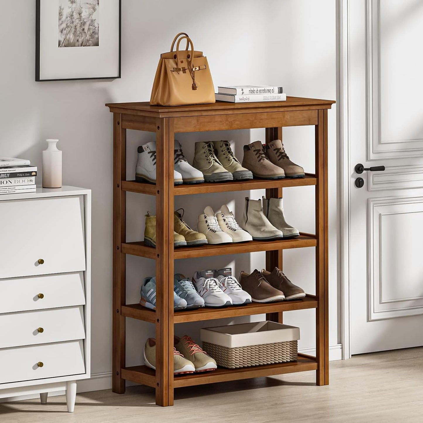 Bamworld Shoe Rack for Front Door Entrance Bamboo Shoe Organizer with Storage Box Free Standing Shoe Cabinet Wooden Shoe Storage Shelf for entryway, Closet and Doorway (Dark Brown)