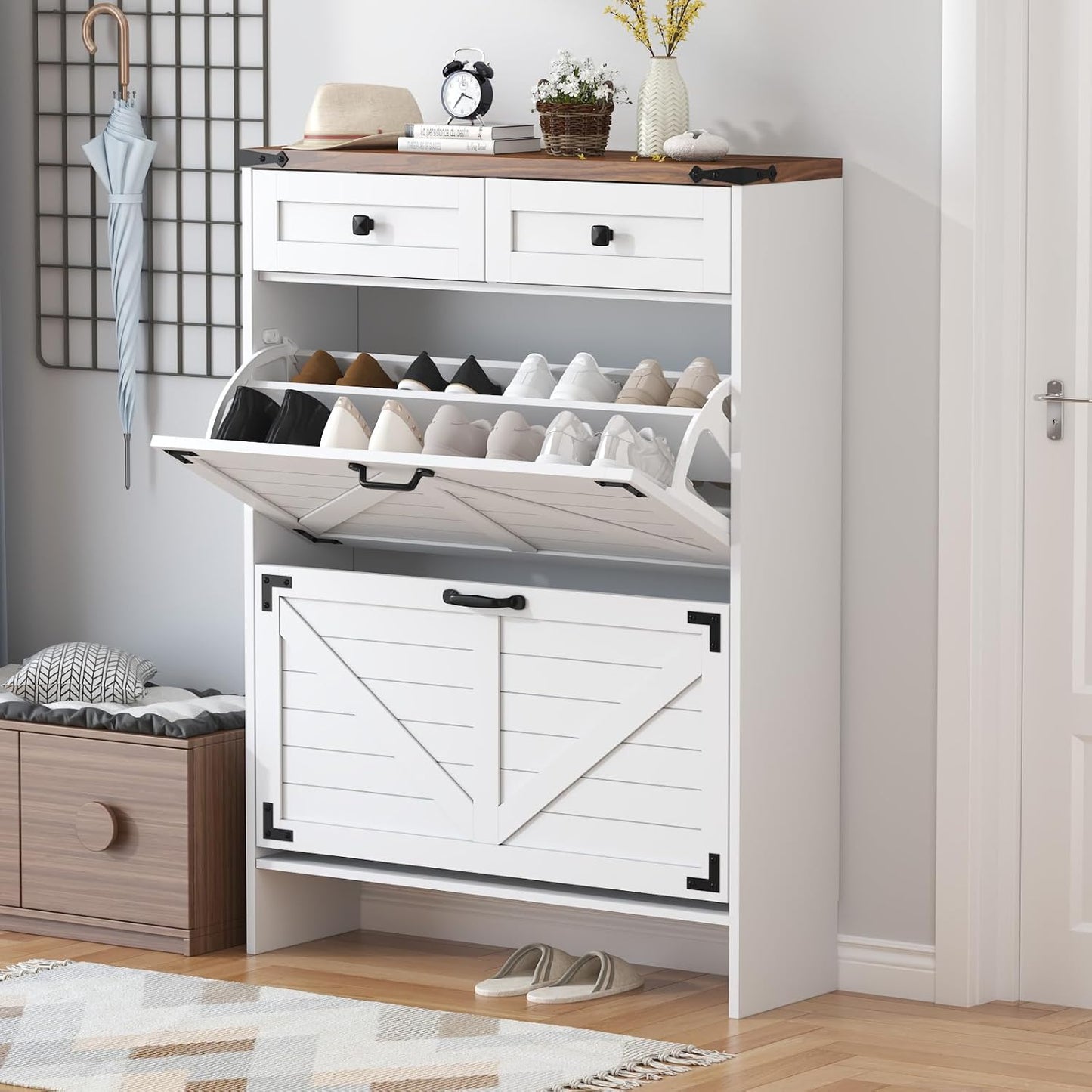 Shoe Cabinet with 2 Flip Drawers and Deodorizing Function, Hidden Shoe Storage Cabinet with 2 Pull-out Drawers, Farmhouse Shoe Organizer for Entryway, Narrow Shoe Rack for Front Door Entrance, Blue