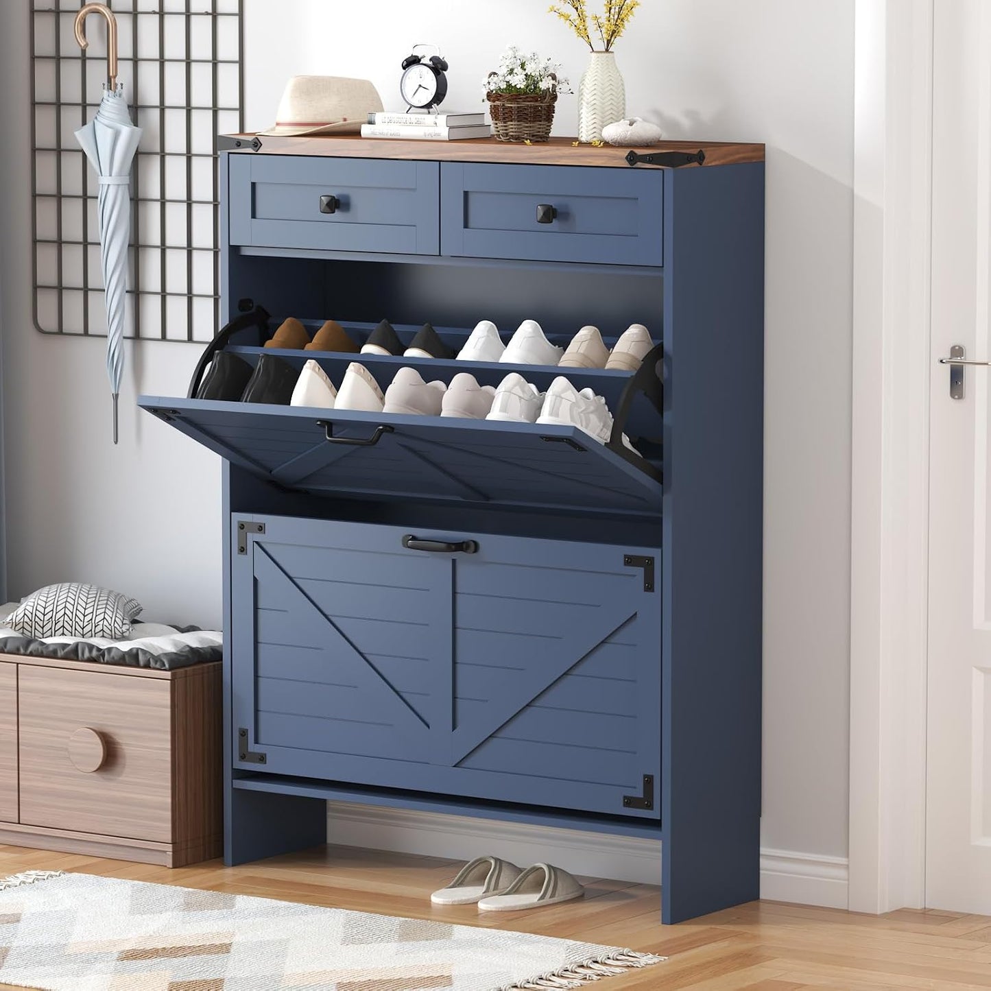 Shoe Cabinet with 2 Flip Drawers and Deodorizing Function, Hidden Shoe Storage Cabinet with 2 Pull-out Drawers, Farmhouse Shoe Organizer for Entryway, Narrow Shoe Rack for Front Door Entrance, Blue