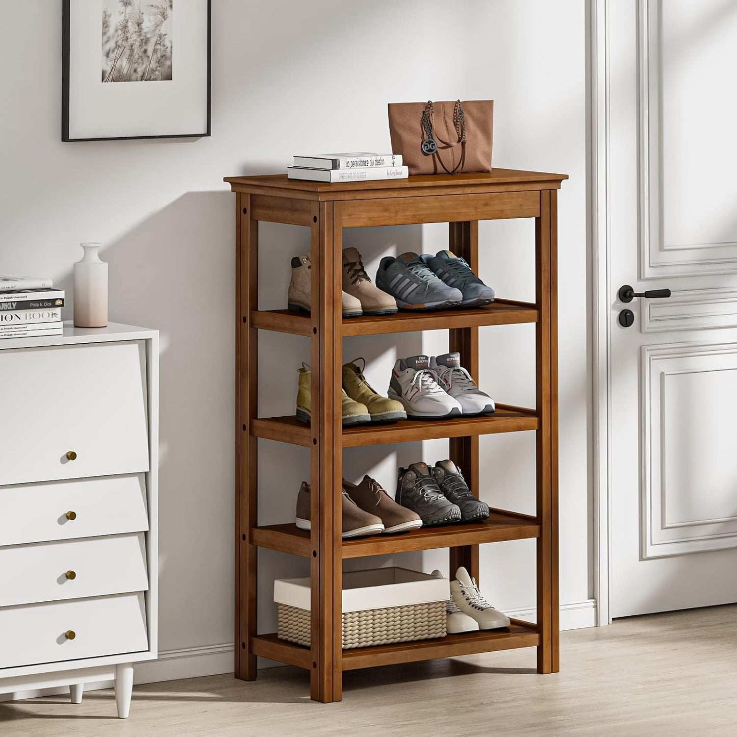 Bamworld Shoe Rack for Front Door Entrance Bamboo Shoe Organizer with Storage Box Free Standing Shoe Cabinet Wooden Shoe Storage Shelf for entryway, Closet and Doorway (Dark Brown)