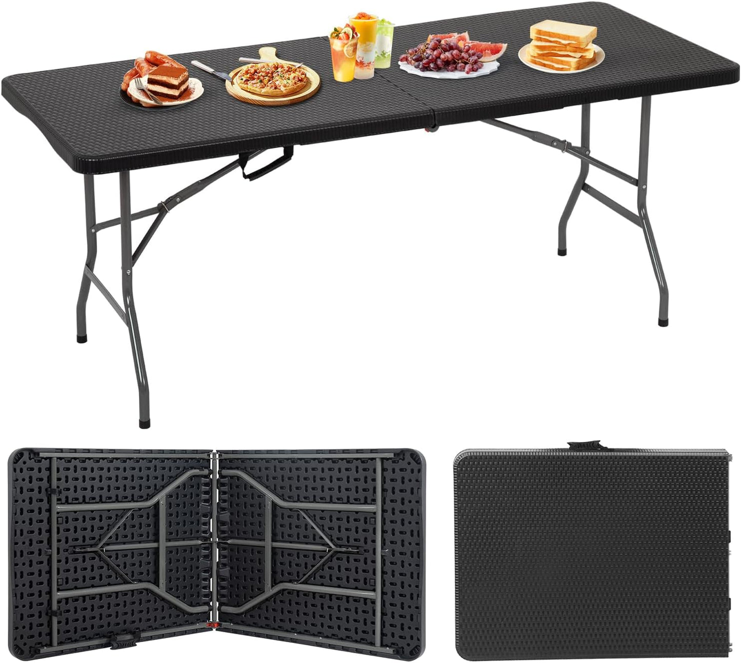 6FT Picnic Table Folding Table Camping Table Plastic Table Fold Up Table Lock for Party Event,White