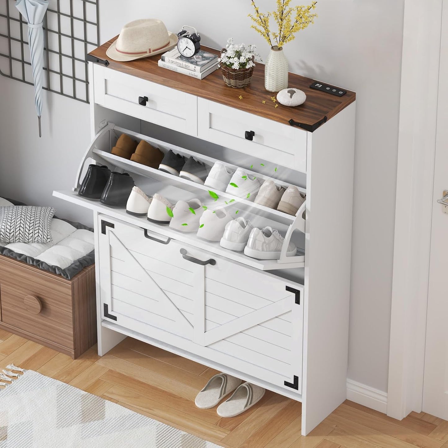 Shoe Cabinet with 2 Flip Drawers and Deodorizing Function, Hidden Shoe Storage Cabinet with 2 Pull-out Drawers, Farmhouse Shoe Organizer for Entryway, Narrow Shoe Rack for Front Door Entrance, Blue