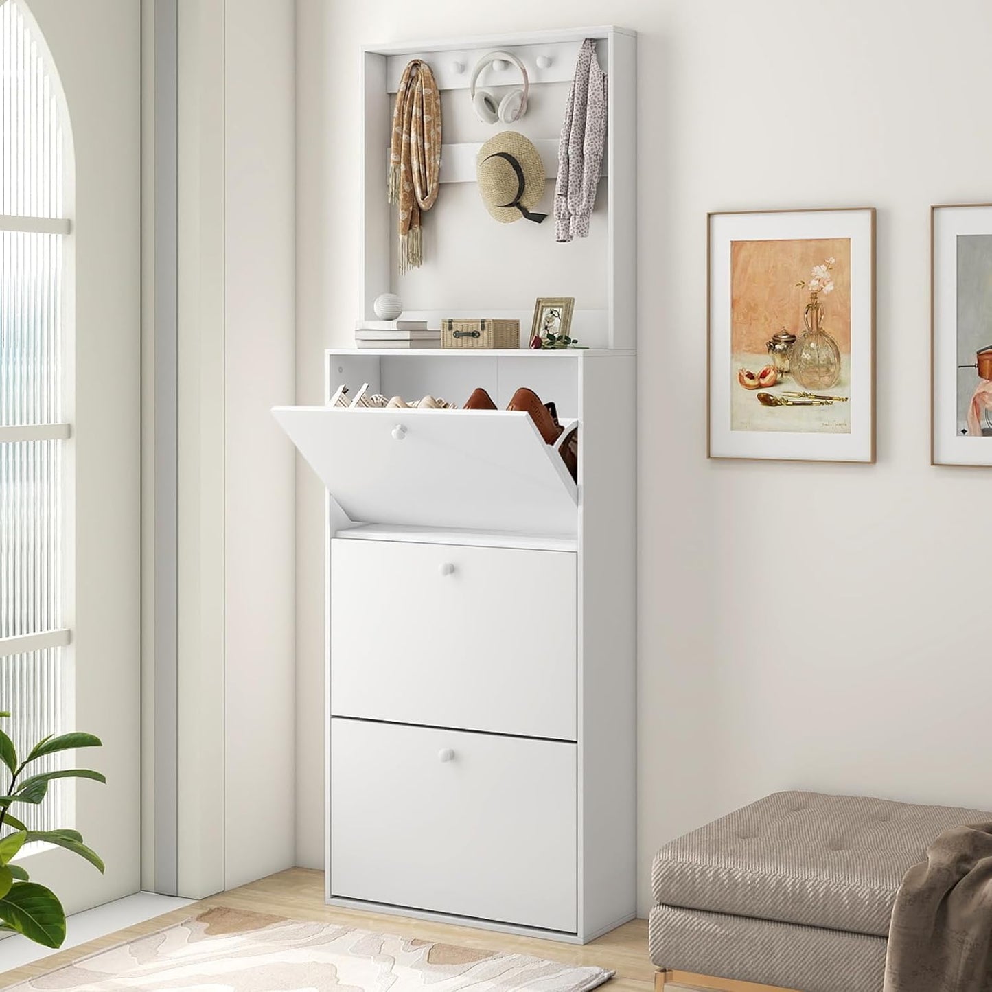 Shoe Cabinet with 3 Flip Drawers, Narrow Shoe Cabinet with 9 Hooks Coat Rack, Freestanding Shoes Storage Cabinets with Adjustable Shelves for Entryway, Hallway, Living Room, White