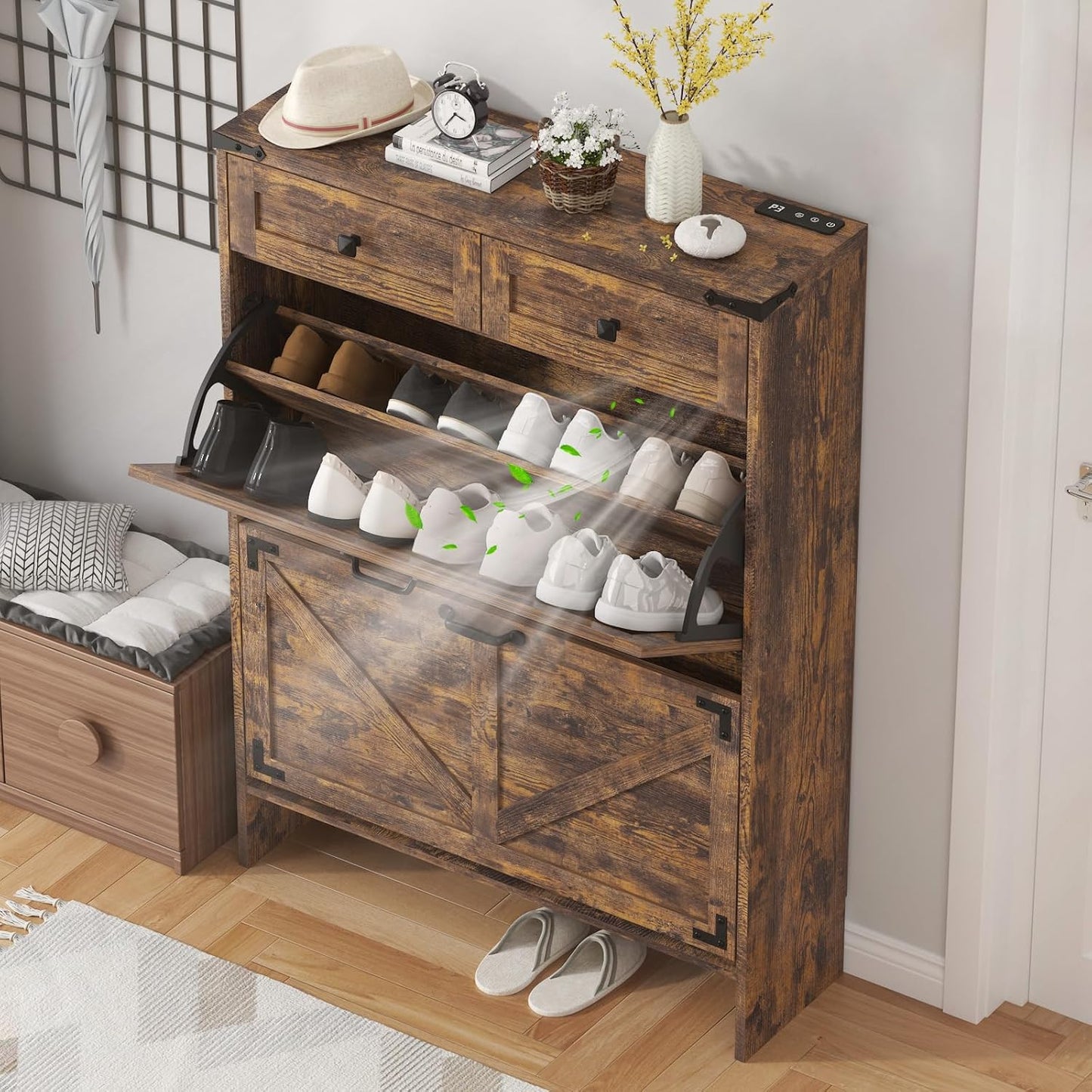Shoe Cabinet with 2 Flip Drawers and Deodorizing Function, Hidden Shoe Storage Cabinet with 2 Pull-out Drawers, Farmhouse Shoe Organizer for Entryway, Narrow Shoe Rack for Front Door Entrance, Blue