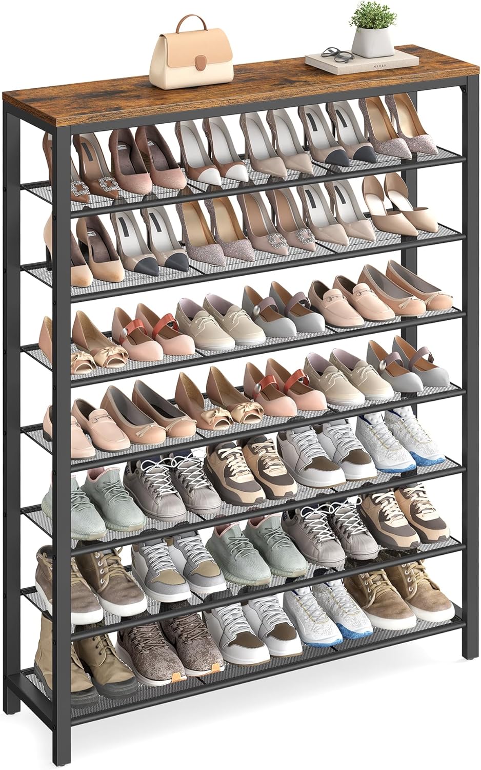 VASAGLE Shoe Rack, 5-Tier Shoe Storage Organizer with 4 Metal Mesh Shelves for 16-20 Pairs and Large Surface for Bags, for Entryway, Hallway, Closet, Industrial, Rustic Brown and Black ULBS15BX
