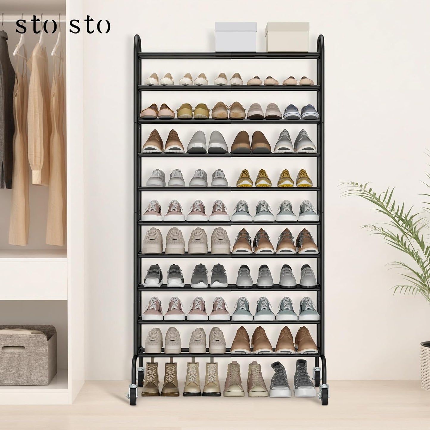 STO STO Expandable Shoe Rack, 10-Tier Metal Tall Shoe Rack for Garage, Up to 44 Pairs Adjustable Shoe Rack Storage for Front Door Entrance, Free Standing Shoe Rack Organizer for Entryway, Black