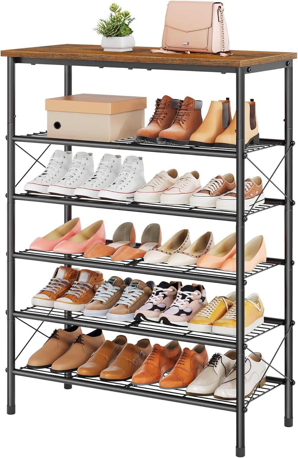 Tajsoon 6 Tier Shoe Rack Organizer for 20-24 Pairs of Shoes, Metal Mesh Shoe Shelf for Closet, Industrial Shoe Rack for Entryway Shoe Storage with X Shape Fixed Frame, White & Gold