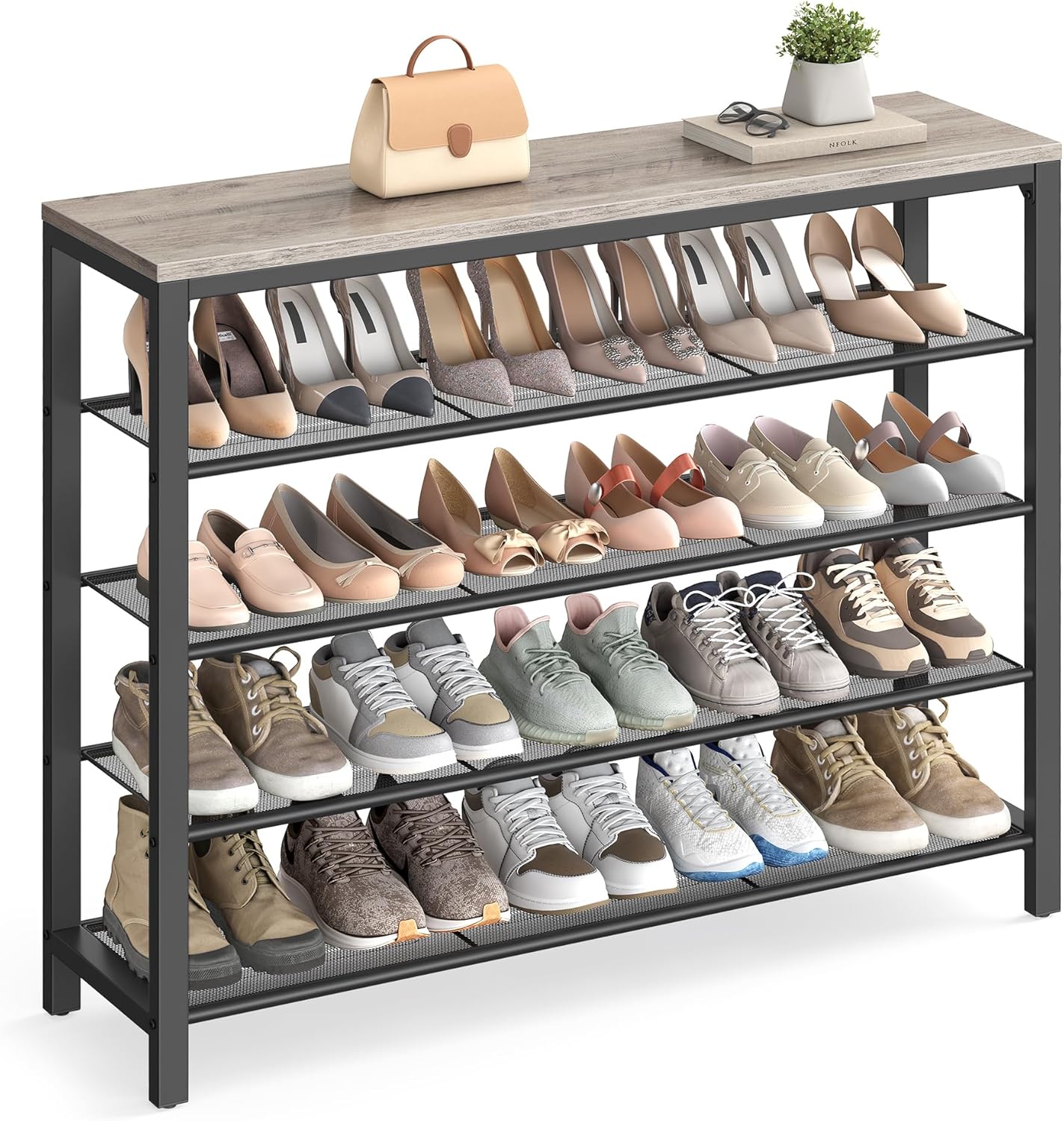 VASAGLE Shoe Rack, 5-Tier Shoe Storage Organizer with 4 Metal Mesh Shelves for 16-20 Pairs and Large Surface for Bags, for Entryway, Hallway, Closet, Industrial, Rustic Brown and Black ULBS15BX