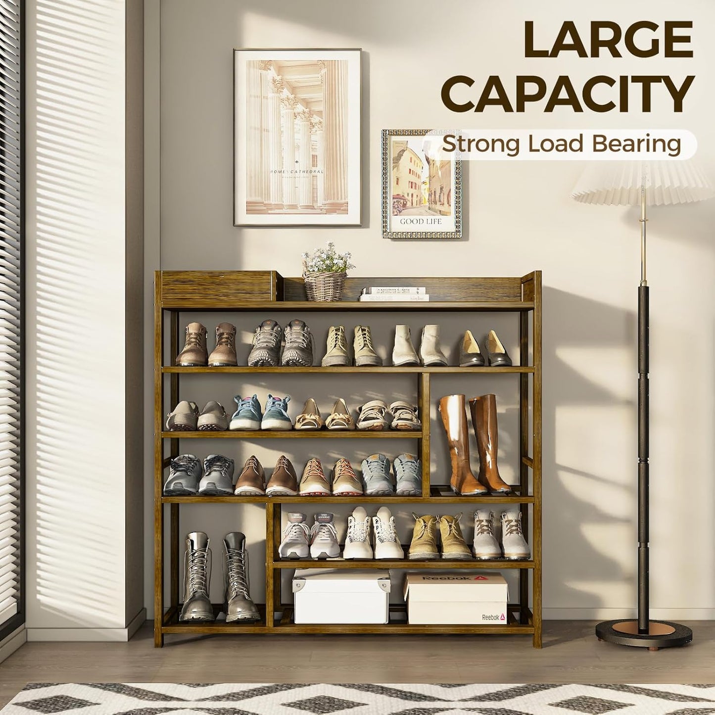 Bamworld Shoe Rack for Front Door Entrance Bamboo Shoe Organizer with Storage Box Free Standing Shoe Cabinet Wooden Shoe Storage Shelf for entryway, Closet and Doorway (Dark Brown)