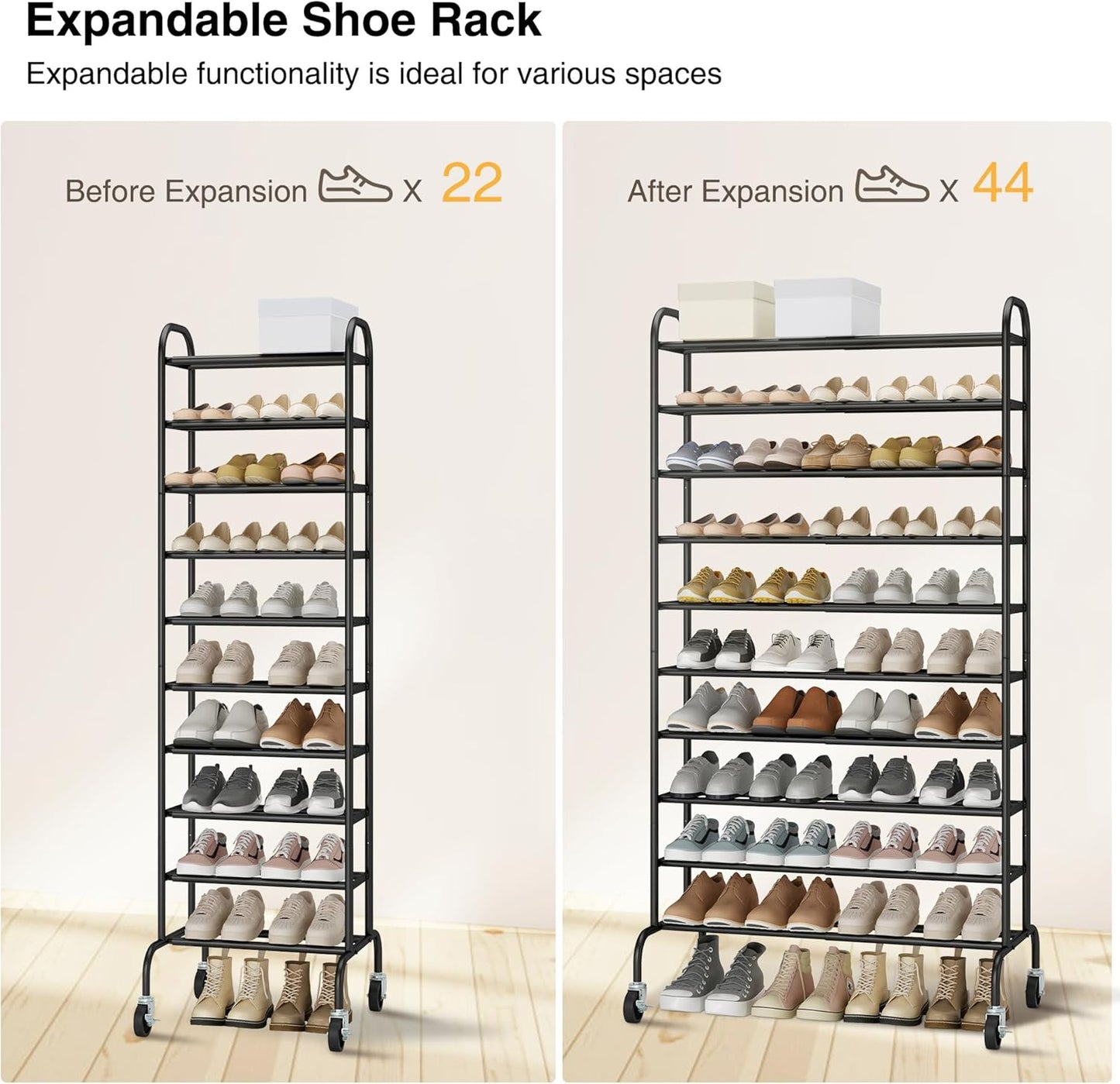 STO STO Expandable Shoe Rack, 10-Tier Metal Tall Shoe Rack for Garage, Up to 44 Pairs Adjustable Shoe Rack Storage for Front Door Entrance, Free Standing Shoe Rack Organizer for Entryway, Black