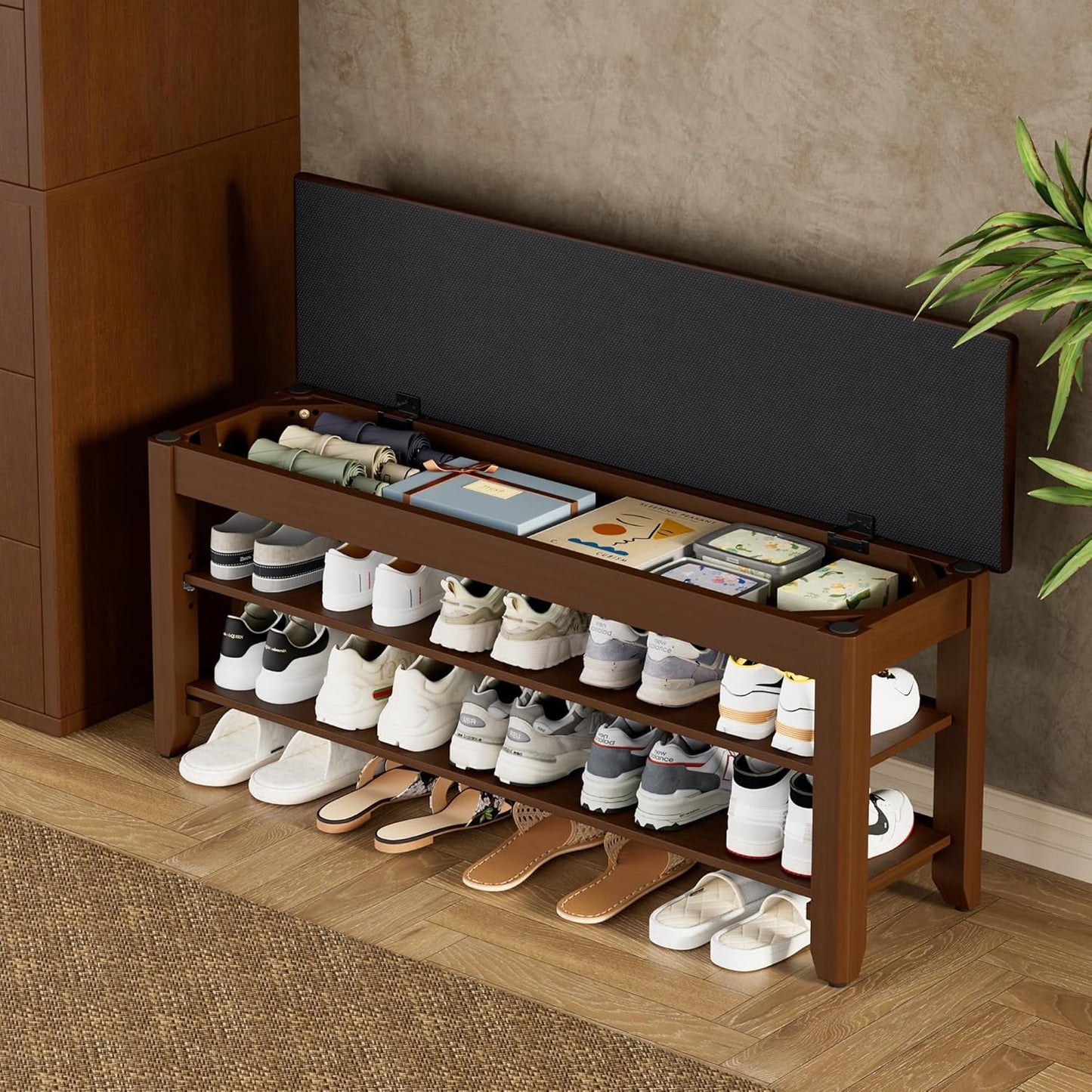 Shoe Rack Bench with Flip-Top Storage, Solid Wood Entryway Bench with Cushion, Adjustable Shelf, for Hallway, Mudroom, Closet – Walnut, 39.4"