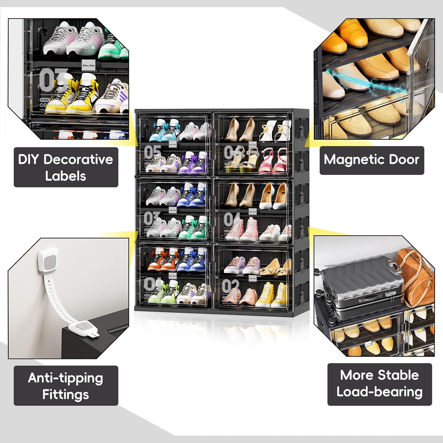 JEKO&JEKO 6 Tiers Foldable Shoe Rack Organizer Cabinet for Closet Entryway, Large Collapsible Shoe Storage Box with Magnetic Doors (Black)