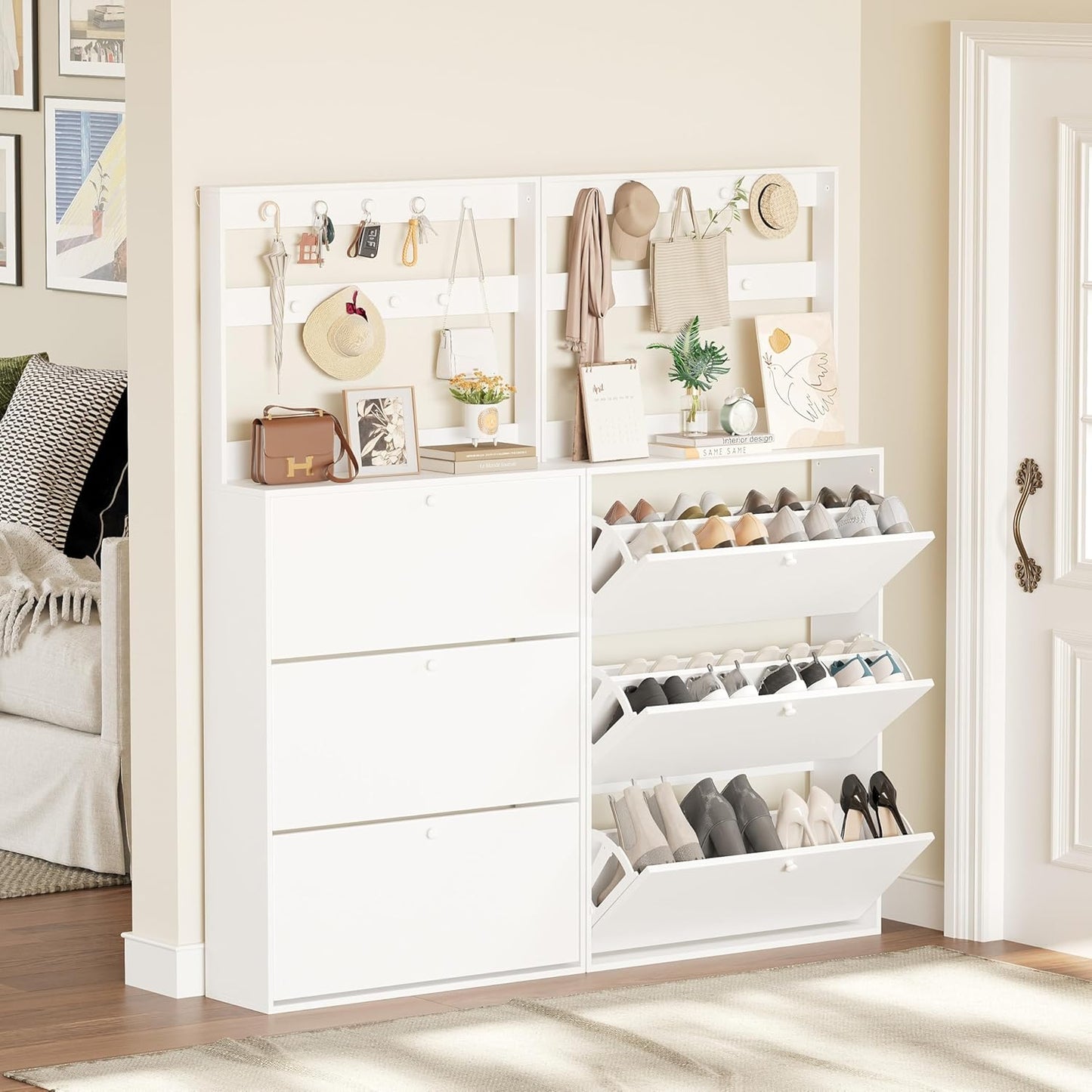 Shoe Cabinet with 3 Flip Drawers, Narrow Shoe Cabinet with 9 Hooks Coat Rack, Freestanding Shoes Storage Cabinets with Adjustable Shelves for Entryway, Hallway, Living Room, White