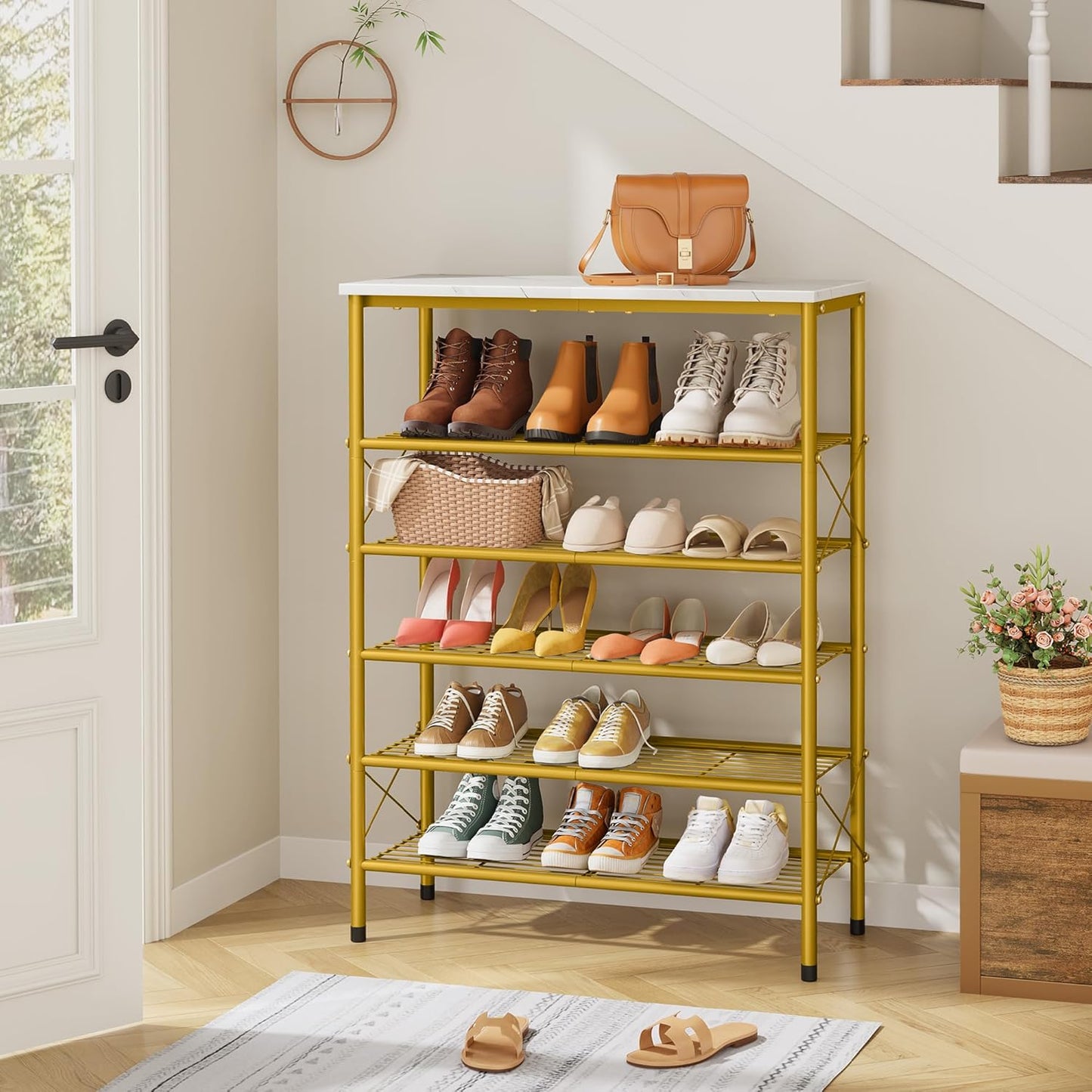 Tajsoon 6 Tier Shoe Rack Organizer for 20-24 Pairs of Shoes, Metal Mesh Shoe Shelf for Closet, Industrial Shoe Rack for Entryway Shoe Storage with X Shape Fixed Frame, White & Gold