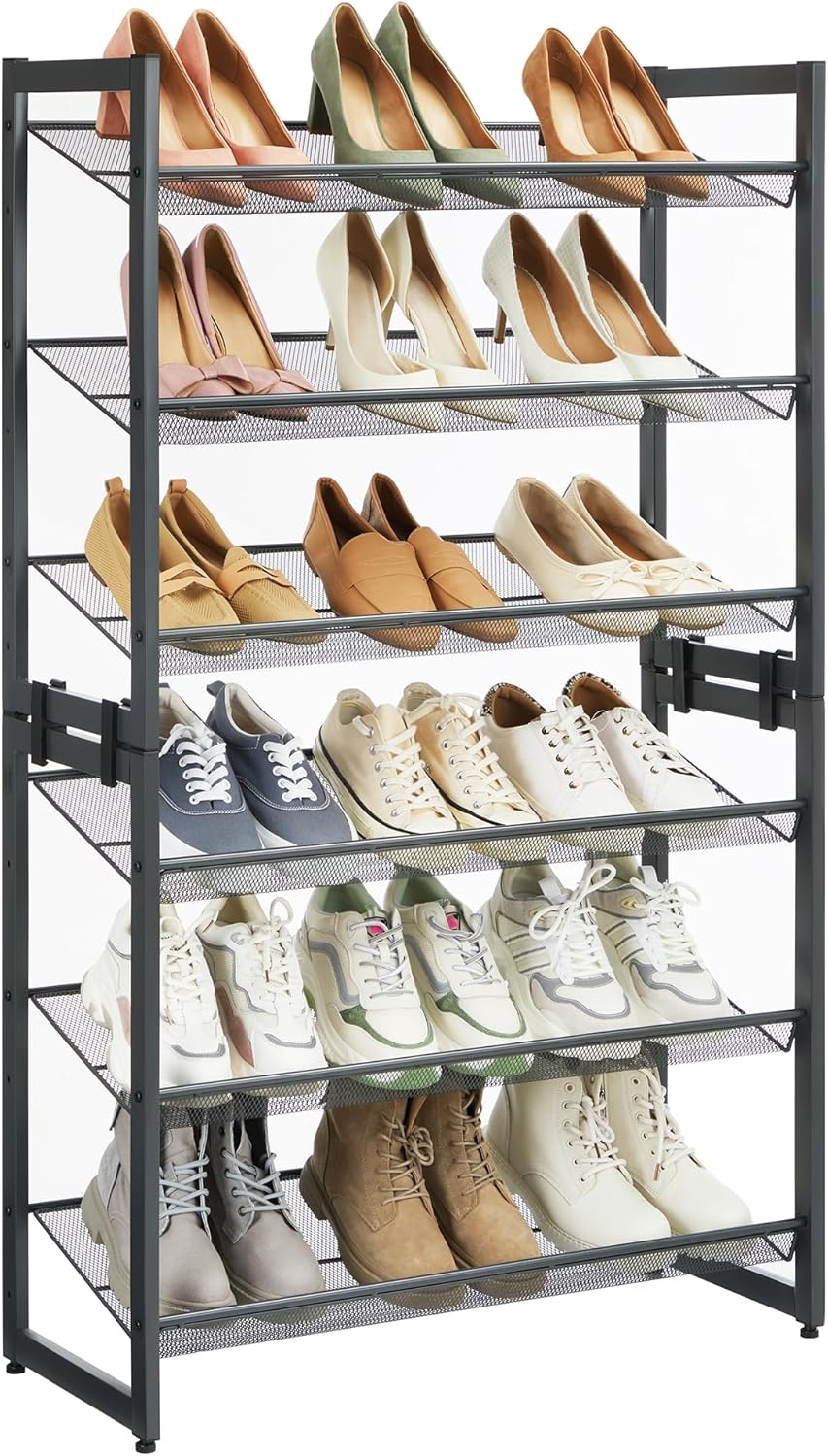 SONGMICS Shoe Rack, 8-Tier Shoe Organizer, Metal Rack for Garage, Set of 2, 4-Tier Stackable Shelf, with Adjustable Flat or Angled Shelves, 32-40 Pairs, Ink Black ULMR08B